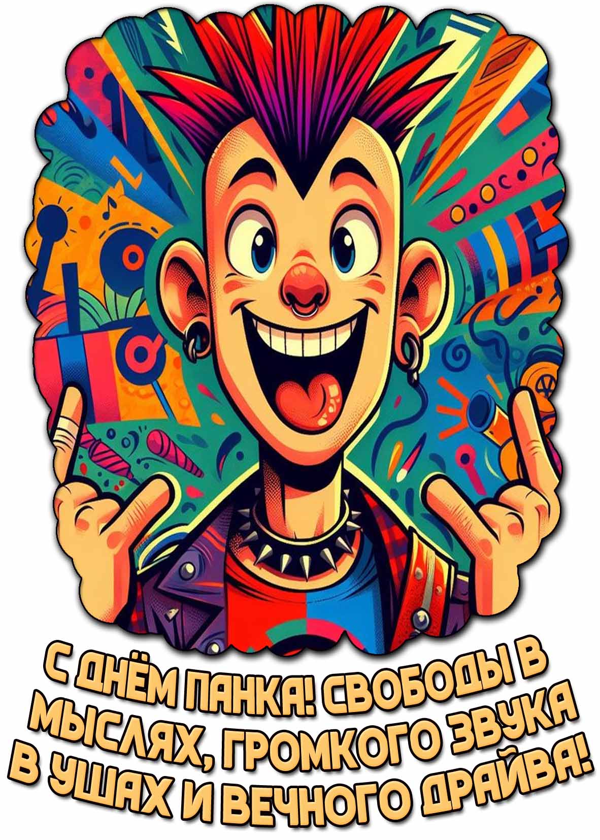 Прикольная открытка "С днём панка! Свободы в мыслях, громкого звука в ушах и вечного драйва!"