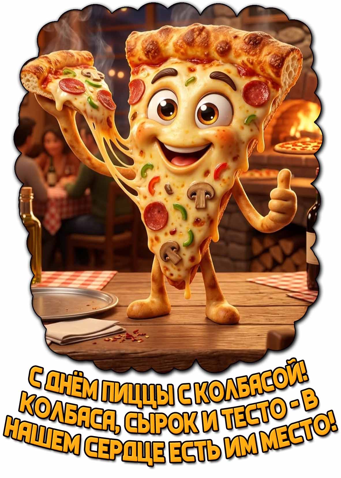 Прикольная открытка "С днём пиццы с колбасой! Колбаса, сырок и тесто - в нашем сердце есть им место!"