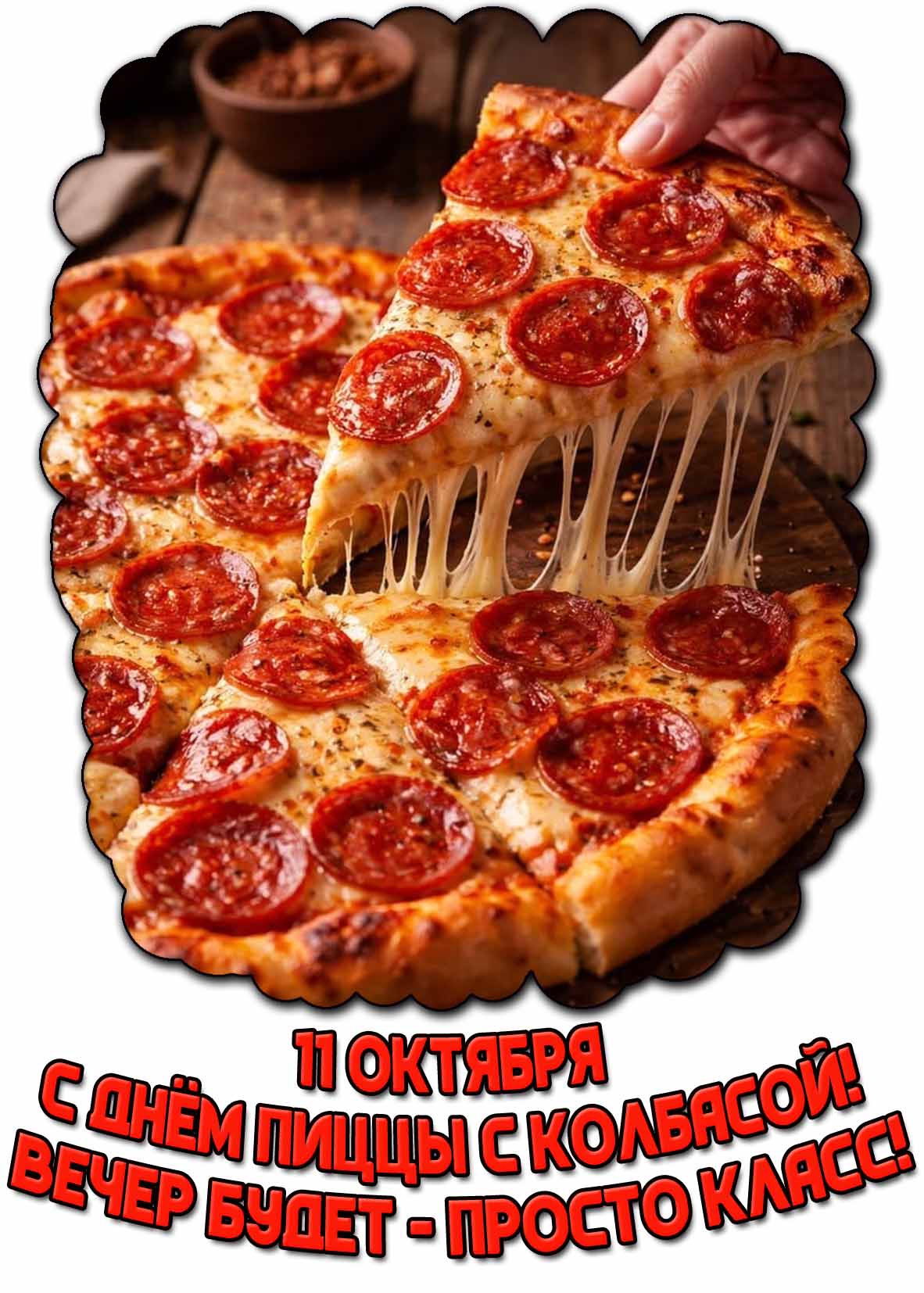 Открытка 11 октября - с днём пиццы с колбасой! Вечер будет — просто класс!