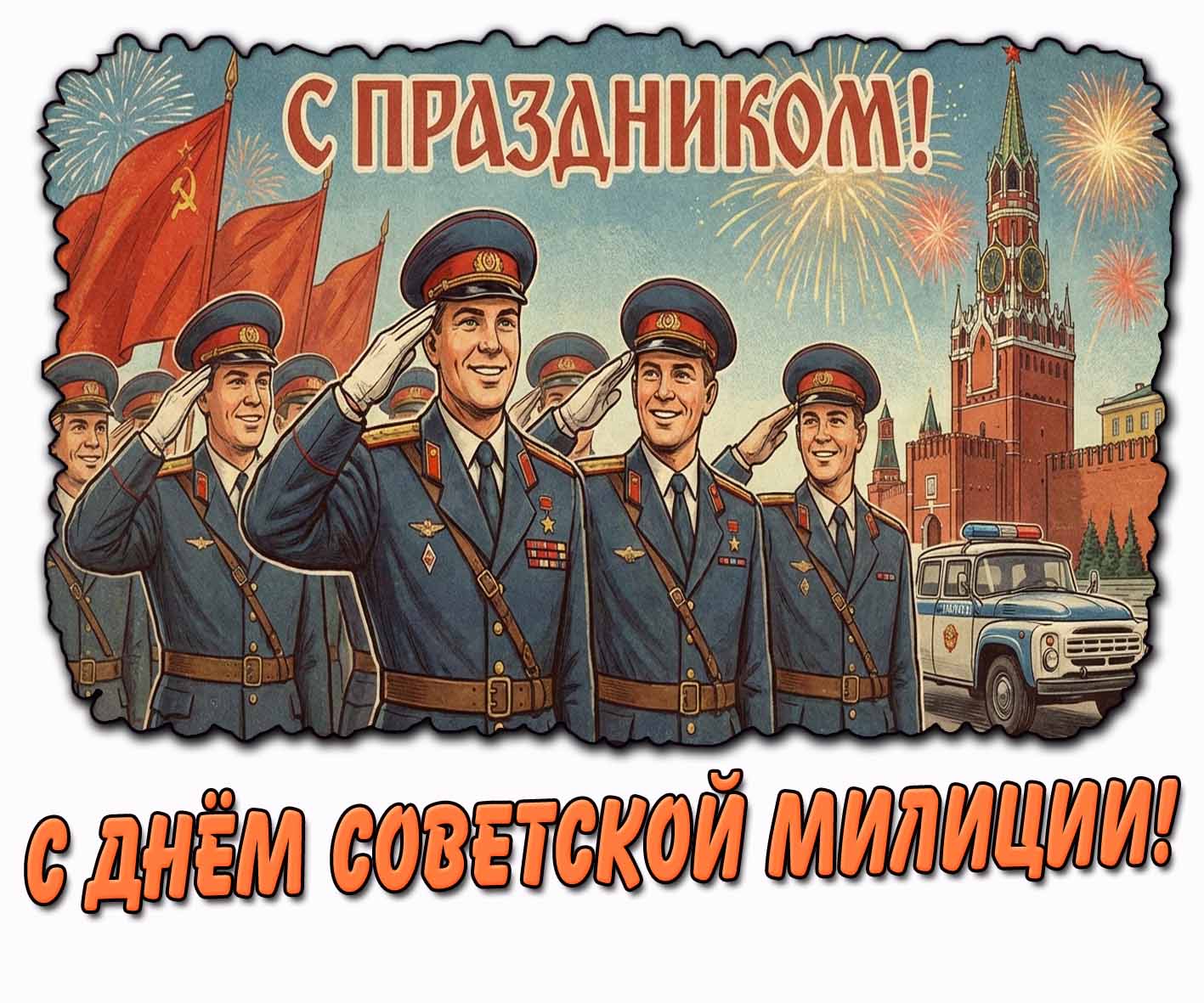 Горизонтальная открытка с красивыми, улыбающимися милиционерами на красной площади на фоне флагов СССР и салютом над Кремлём, чтобы поздравить : С днём советской милиции! С праздником! Красивая открытка "С днём советской милиции! С праздником!"