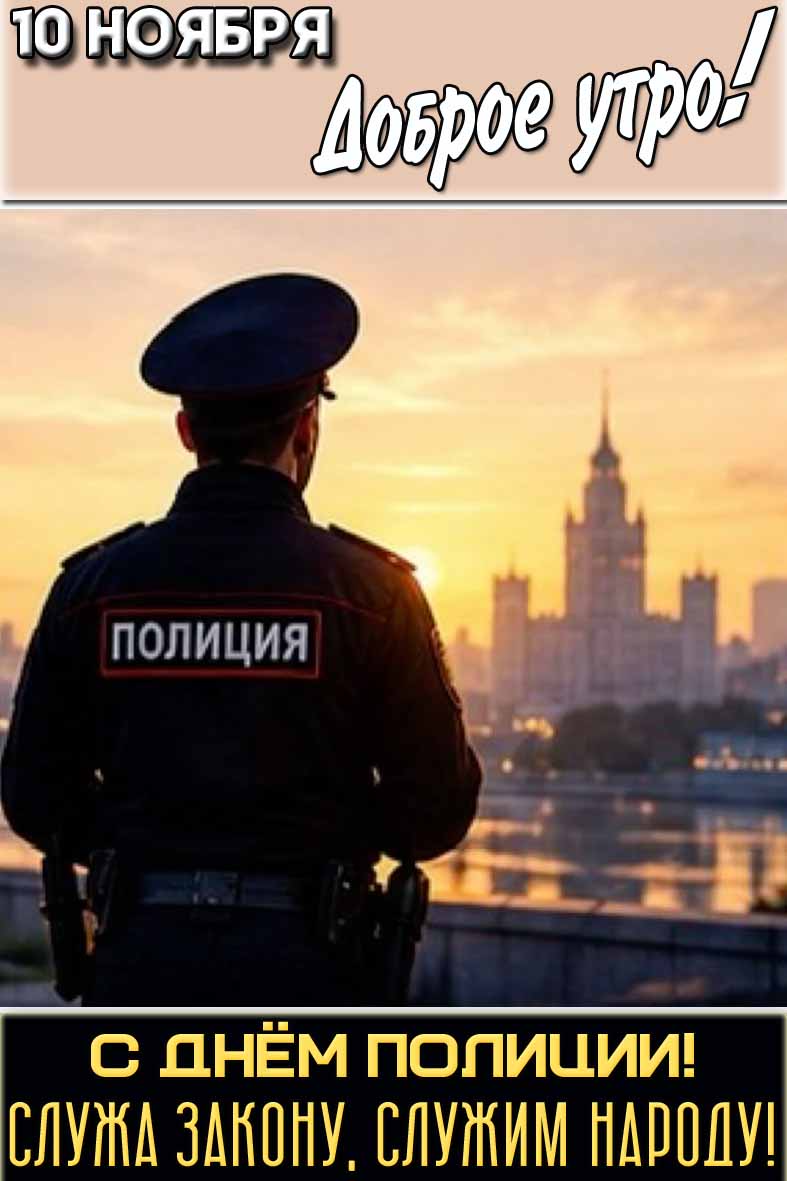 Вертикальная картинка с сотрудником ОВД России, любующимся рассветом и с надписью : "10 ноября доброе утро! С днём полиции! Служа закону, служим народу!". Картинка "10 ноября доброе утро! С днём полиции! Служа закону, служим народу!"