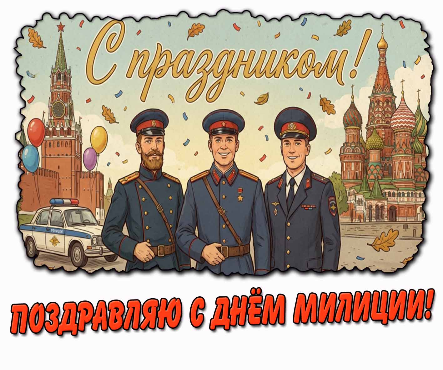 Красивая горизонтальная открытка с блюстителями закона времён Царской России, СССР и Российской Федерации на фоне конфетти, падающих осенних листьев над храмом Василия Блаженного и Кремлём и с надписью : Поздравляю с днём милиции! С праздником! Красивая осенняя открытка "Поздравляю с днём милиции! С праздником!"