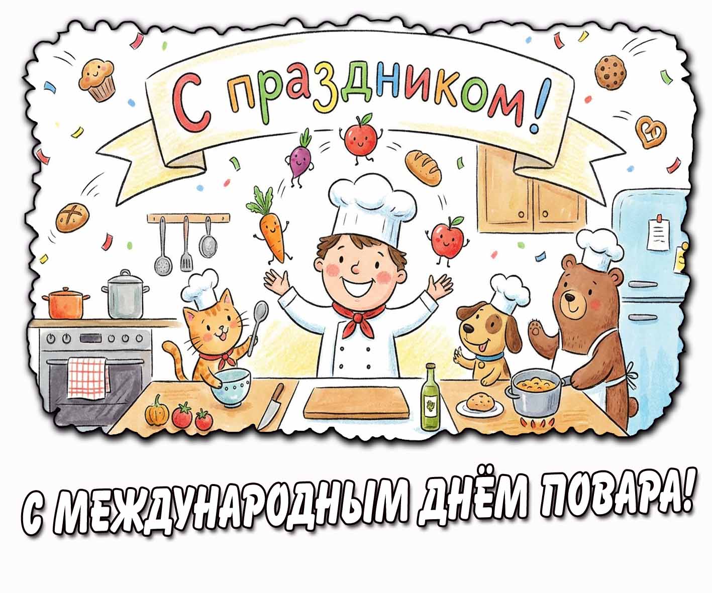 Прикольная детская открытка "С Международным днём повара! С праздником!"