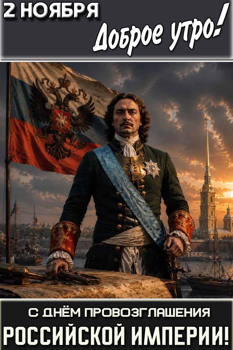 Креативная вертикальная открытка с Петром первым на фоне стяга с имперским орлом на триколоре на фоне древнего Питера и надписью : "2 ноября доброе утро! С днём провозглашения Российской империи!".