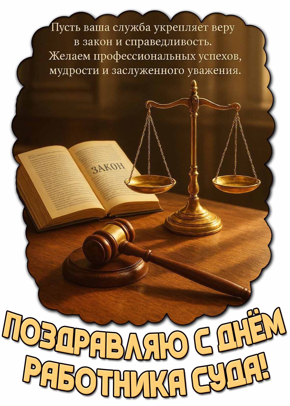 Картинка картинка с книгой с буквой закона, весами правосудия, молотком и надписью : Поздравляю с днём работника суда! Пусть ваша служба укрепляет вашу веру в закон и справедливость. Желаем профессиональных успехов, мудрости и заслуженного уважения.