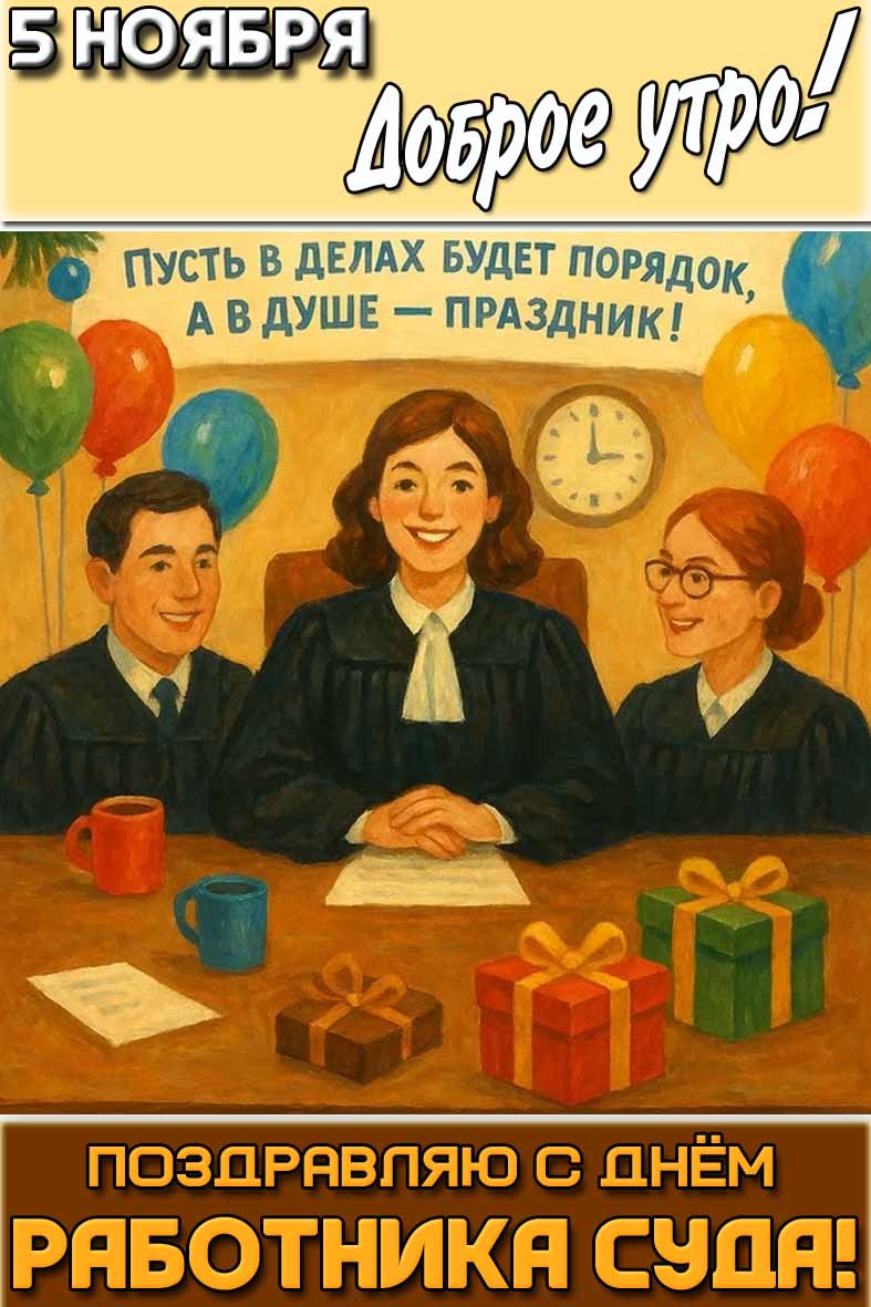 Открытка "5 ноября доброе утро! Поздравляю с днём работника суда! Пусть в делах будет порядок, а в душе - праздник!"