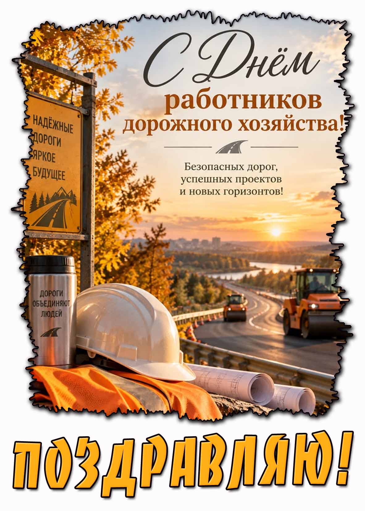Открытка "С днём работников дорожного хозяйства! Безопасных дорог, успешных проектов и новых горизонтов! Поздравляю!"