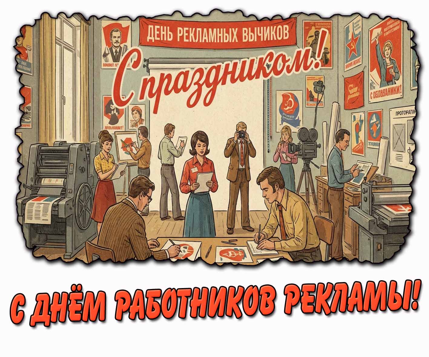 Советская открытка "С днём работников рекламы! С праздником!"