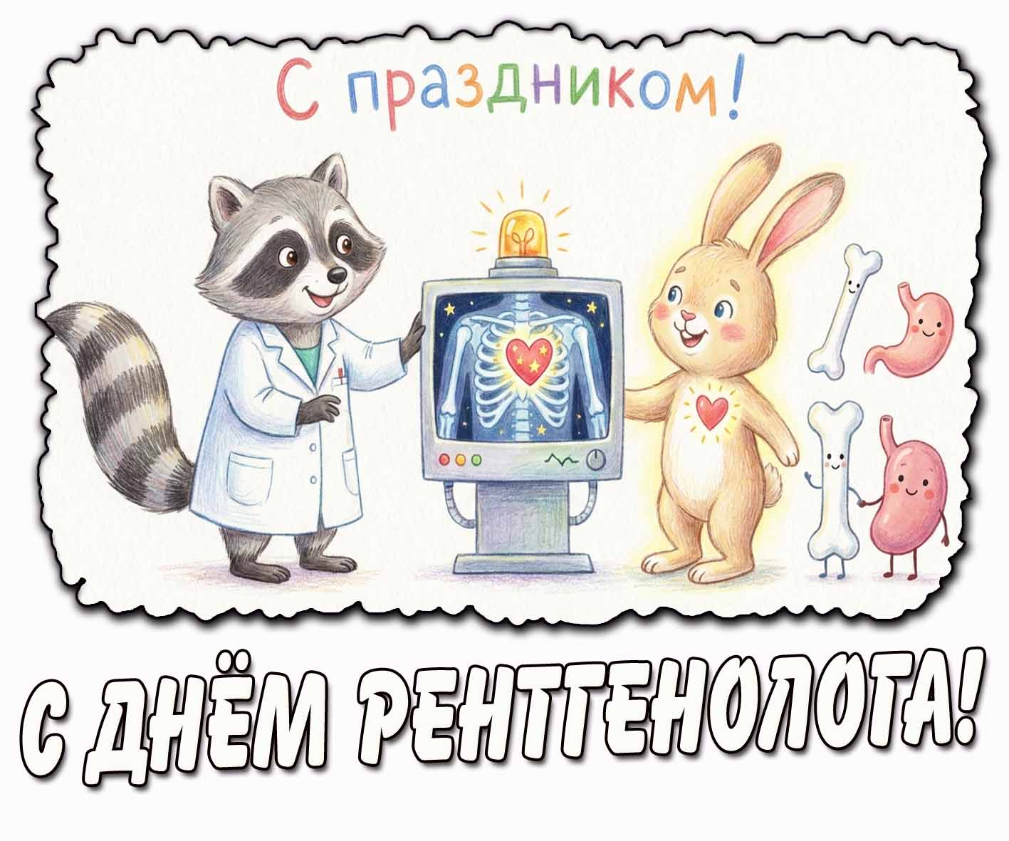 Прикольная открытка в стиле детского рисунка с животными (врач-енот, зайчик-пациент) у компьютера со снимком и надписью : С днём рентгенолога! С праздником! Детская открытка "С днём рентгенолога! С праздником!"