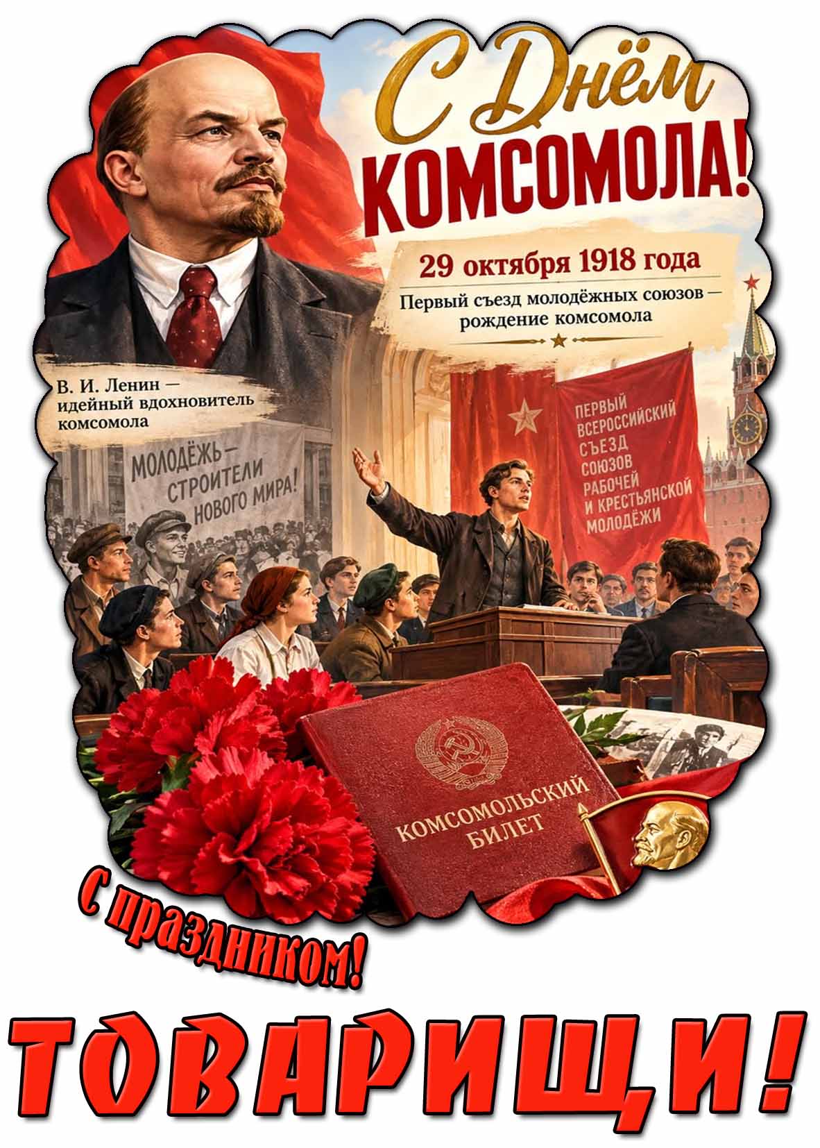 Красивая открытка с комсомольским билетом, гвоздиками, портретом Ленина к 29 октября - с днём Комсомола! С праздником! Товарищи! Молодёжь - строители нового мира! Красивая открытка с комсомольским билетом, гвоздиками, портретом Ленина к 29 октября - с днём Комсомола! С праздником! Товарищи! Молодёжь - строители нового мира!