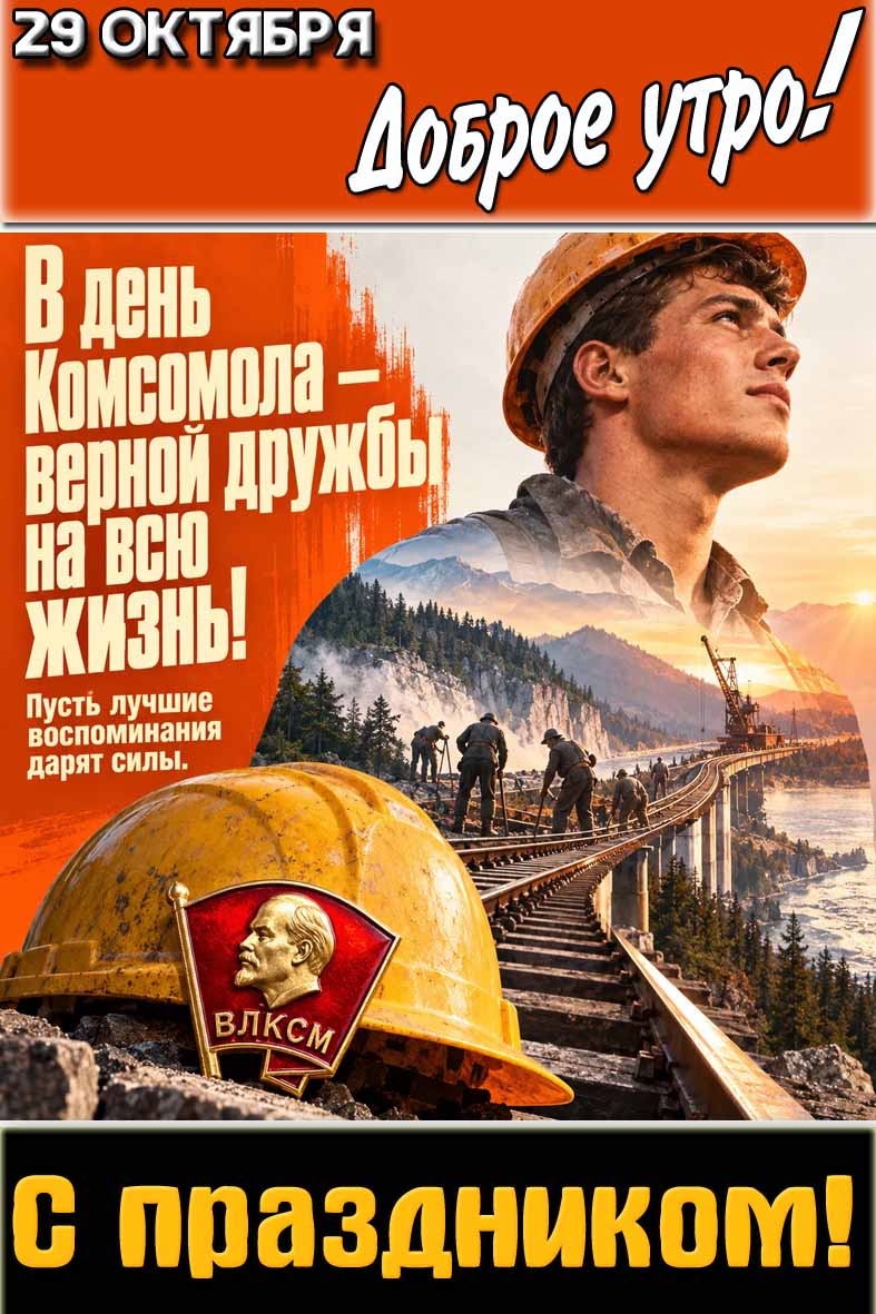 Красивая вертикальная картинка со значком ВЛКСМ, каской, силуэтом Советского рабочего на фоне стройки БАМ на рассвете и надписью : "29 октября доброе утро! В день Комсомола - верной дружбы на всю жизнь! Пусть лучшие воспоминания дарят силы! С праздником!". Картинка "29 октября доброе утро! В день Комсомола - верной дружбы на всю жизнь! Пусть лучшие воспоминания дарят силы! С праздником!"