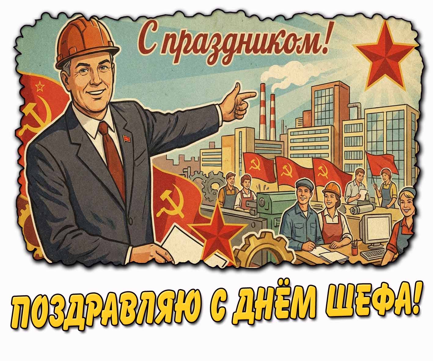 Советская открытка "Поздравляю с днём шефа! С праздником!"