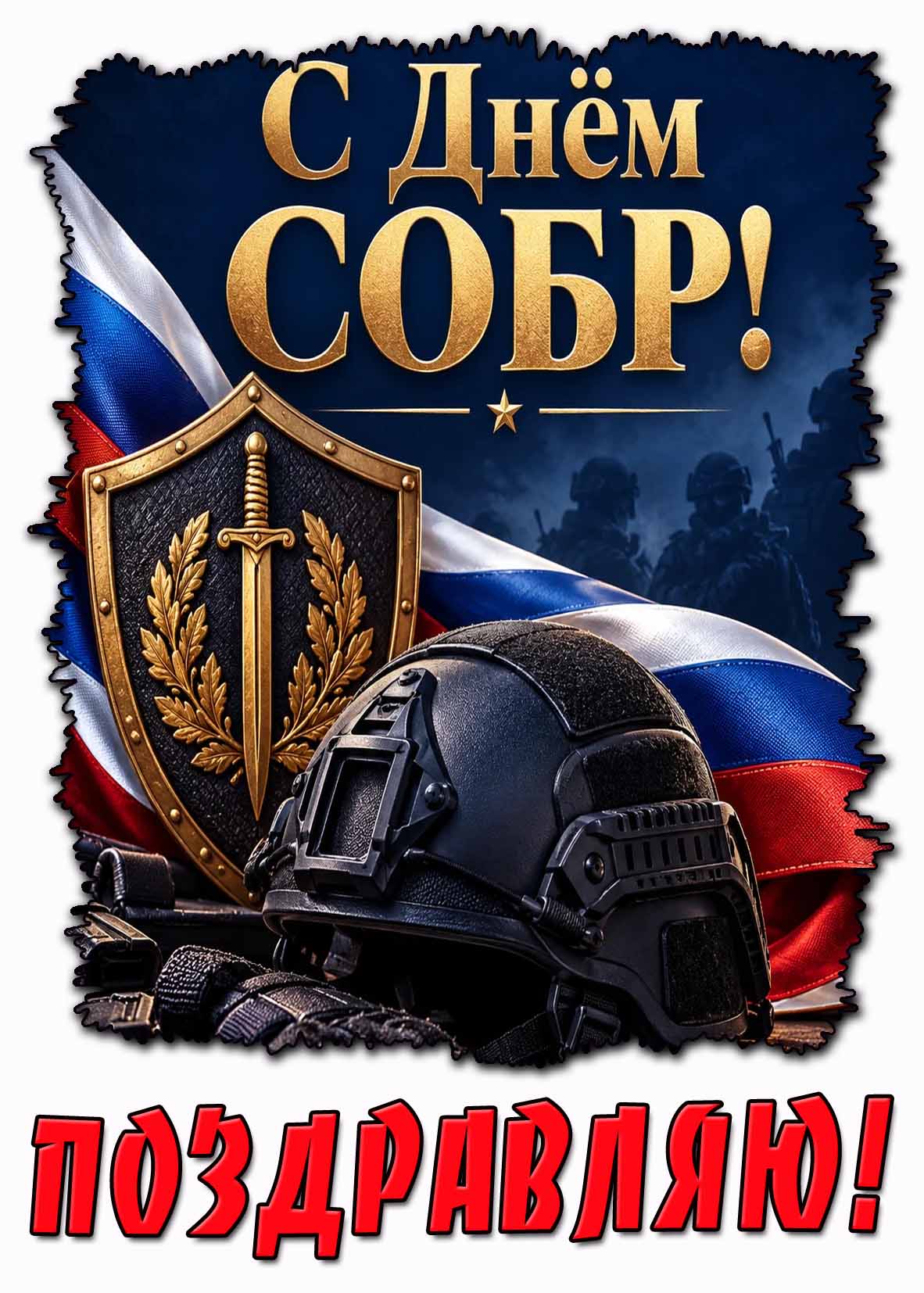 Красивая открытка с каской, щитом с мечом, флагом России и надписью : С днём СОБР! Поздравляю!
