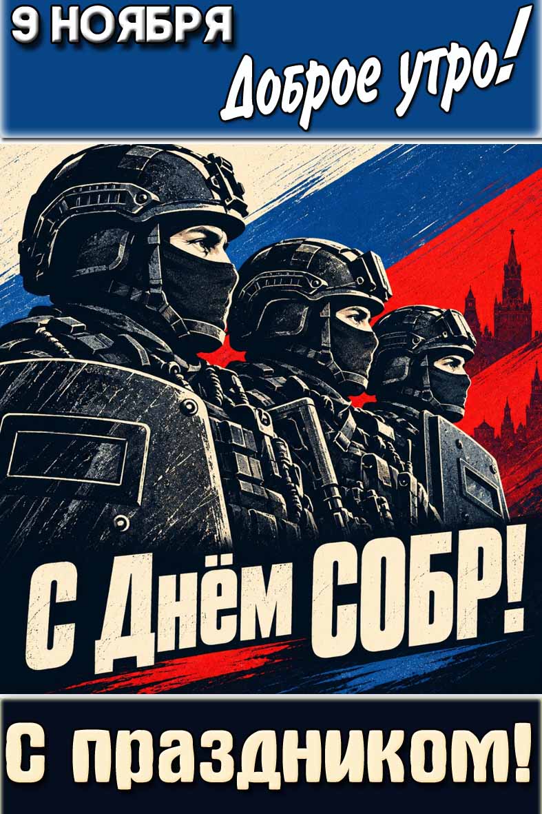 Стильная вертикальная картинка на телефон с бойцами специальных отрядов на фоне триколора и надписью : "9 ноября доброе утро! С днём СОБР! С праздником!". Картинка "9 ноября доброе утро! С днём СОБР! С праздником!"