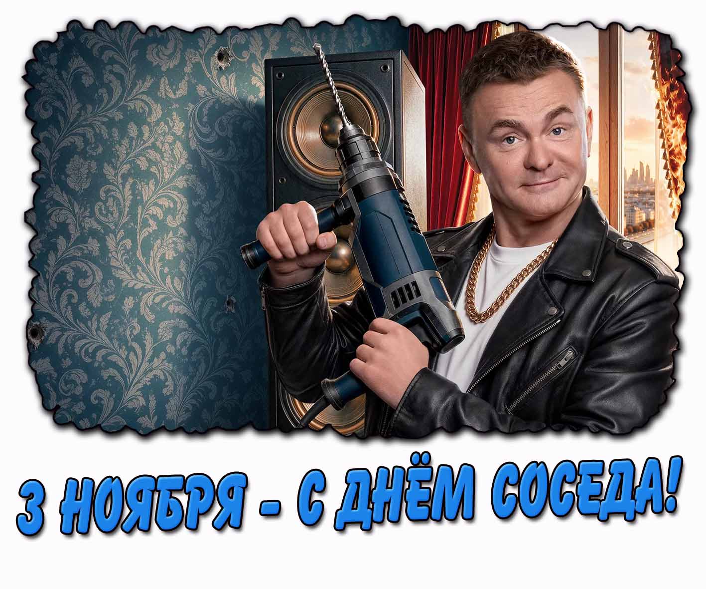 Прикольная открытка с кадром из сериала "Профессиональный сосед" с Владимиром Сычёвым с дрелью к празднику 3 ноября - с днём соседа! Прикольная открытка 3 ноября - с днём соседа!