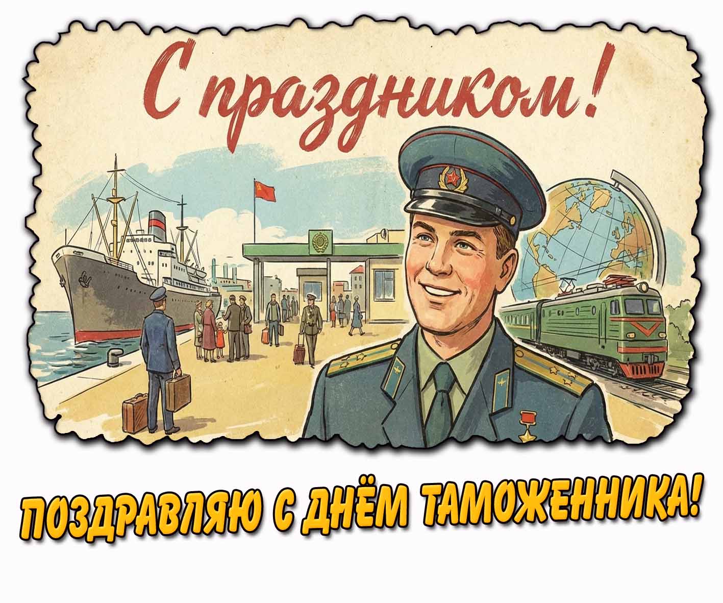 Советская открытка "Поздравляю с днём таможенника! С праздником!"