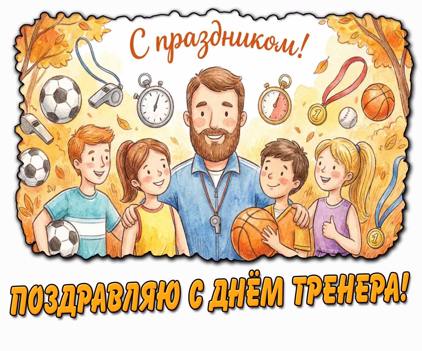 Горизонтальная открытка-рисунок со спортивным инвентарём, медалями, детьми, наставником на фоне осенней природы и надписью : Поздравляю с днём тренера! С праздником! Горизонтальная открытка-рисунок со спортивным инвентарём, медалями, детьми, наставником на фоне осенней природы и надписью : Поздравляю с днём тренера! С праздником!