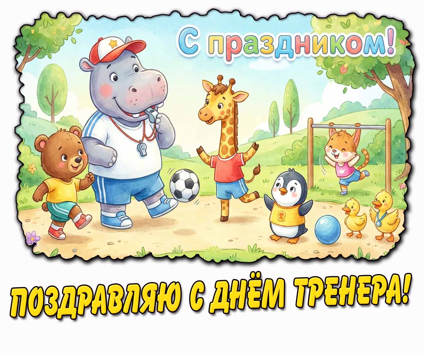 Прикольная детская открытка в стиле мультяшного рисунка с животными, играющими в футбол и надписью : Поздравляю с днём тренера! С праздником!