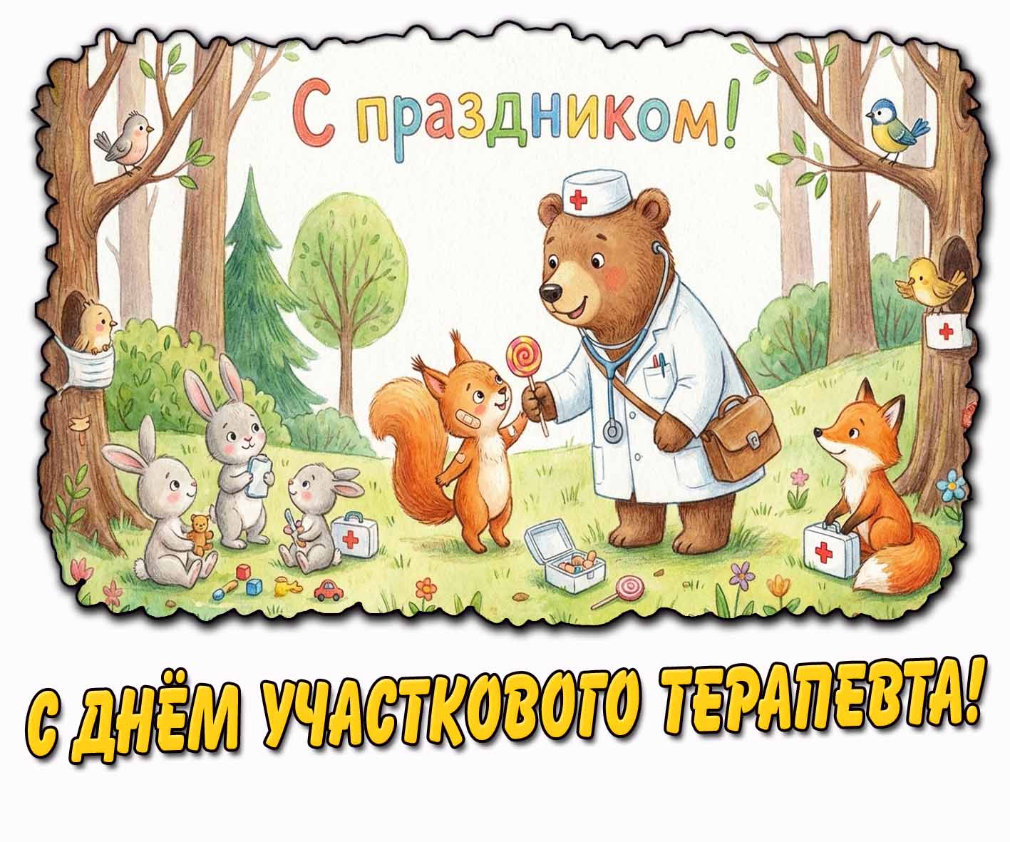 Прикольная детская открытка "С днём участкового терапевта! С праздником!"