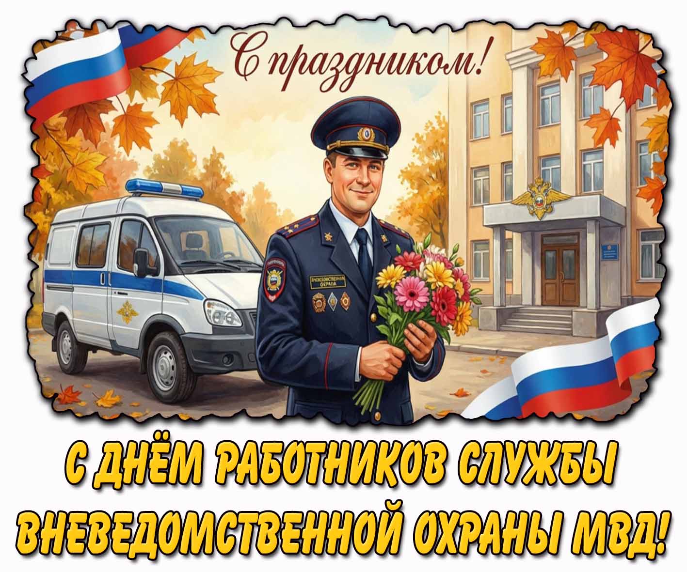 Красивая горизонтальная открытка с полицейским с цветами, лентами-триколором на фоне газели и надписью : С днём работников службы вневедомственной охраны МВД! С праздником! Осенняя открытка "С днём работников службы вневедомственной охраны МВД! С праздником!"