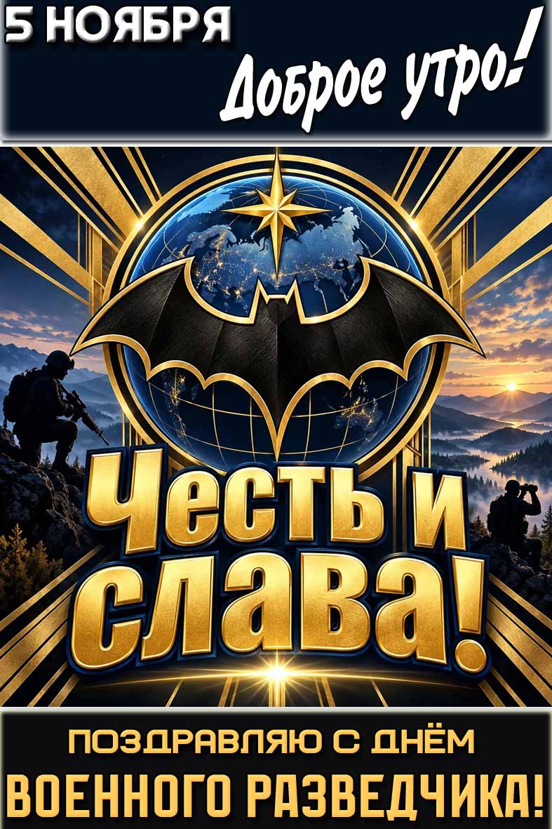 Стильная вертикальная картинка с символом разведки России (летучей мышью) на фоне глобуса, силуэтов солдат и с надписью : "5 ноября доброе утро! Поздравляю с днём военного разведчика! Честь и слава!". Картинка "5 ноября доброе утро! Поздравляю с днём военного разведчика! Честь и слава!"