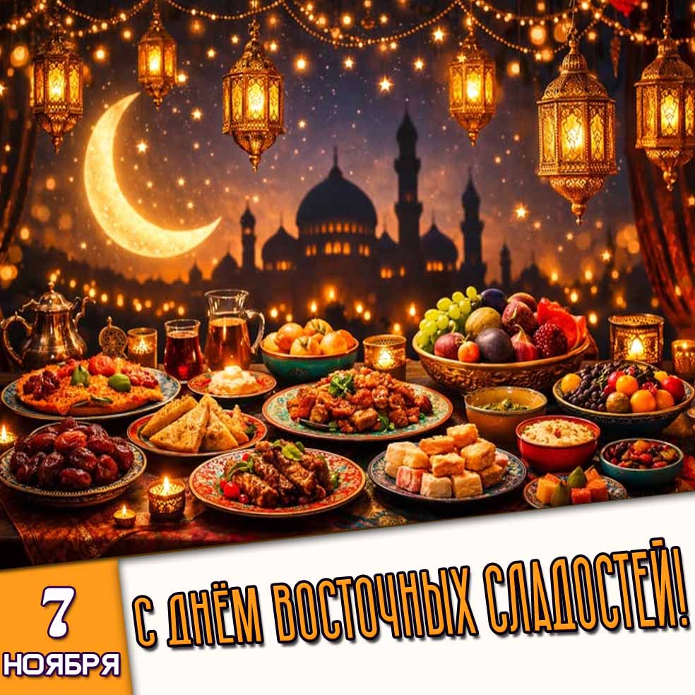 Красивая картинка со сладким столом, фонариками, полумесяцем на фоне мечети к празднику 7 ноября - с днём восточных сладостей! Красивая картинка 7 ноября - с днём восточных сладостей!