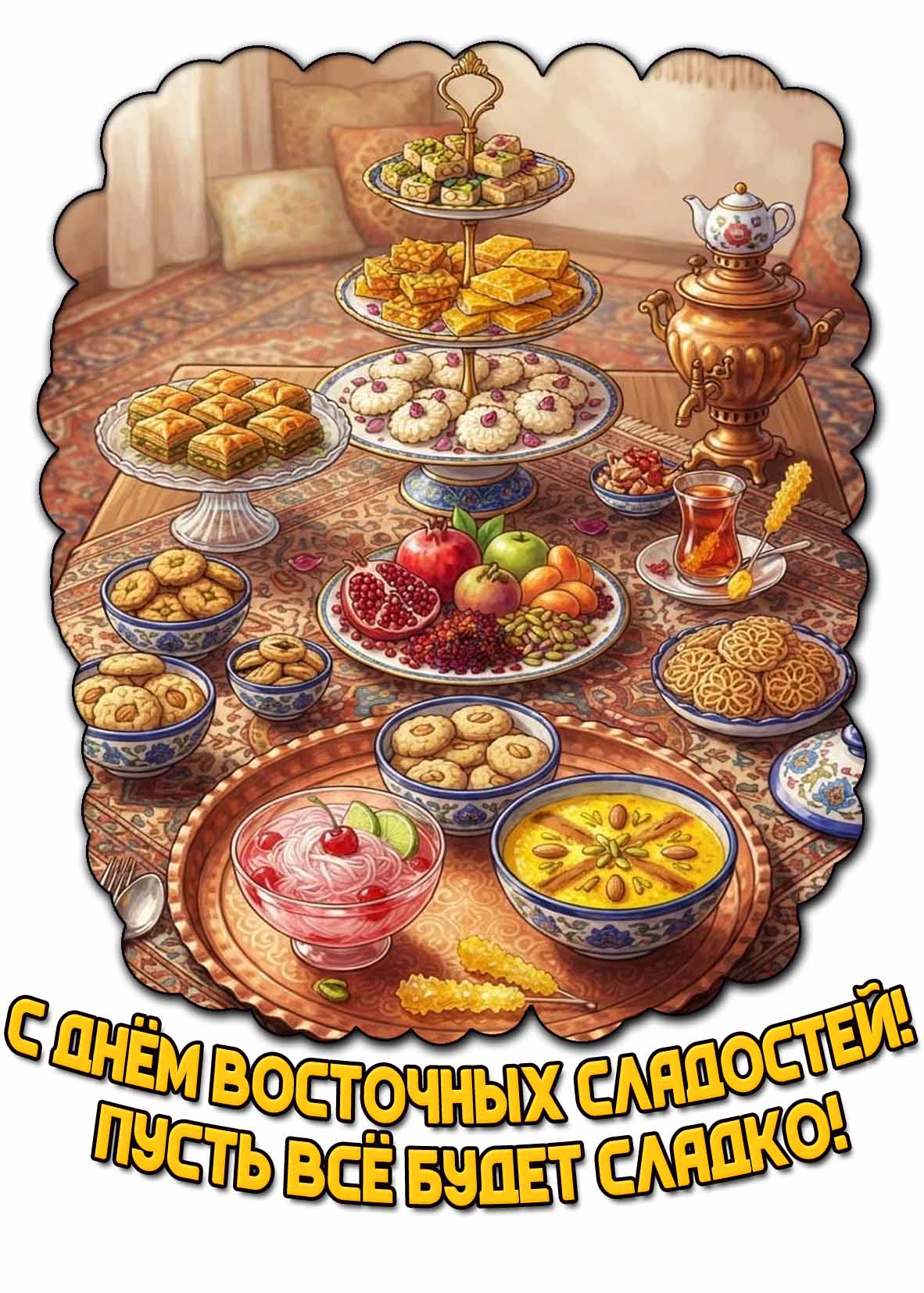 Красивая открытка аппетитная открытка с десертами и фруктами с востока, чтобы поздравить : С днём восточных сладостей! Пусть всё будет сладко! Открытка "С днём восточных сладостей! Пусть всё будет сладко!"