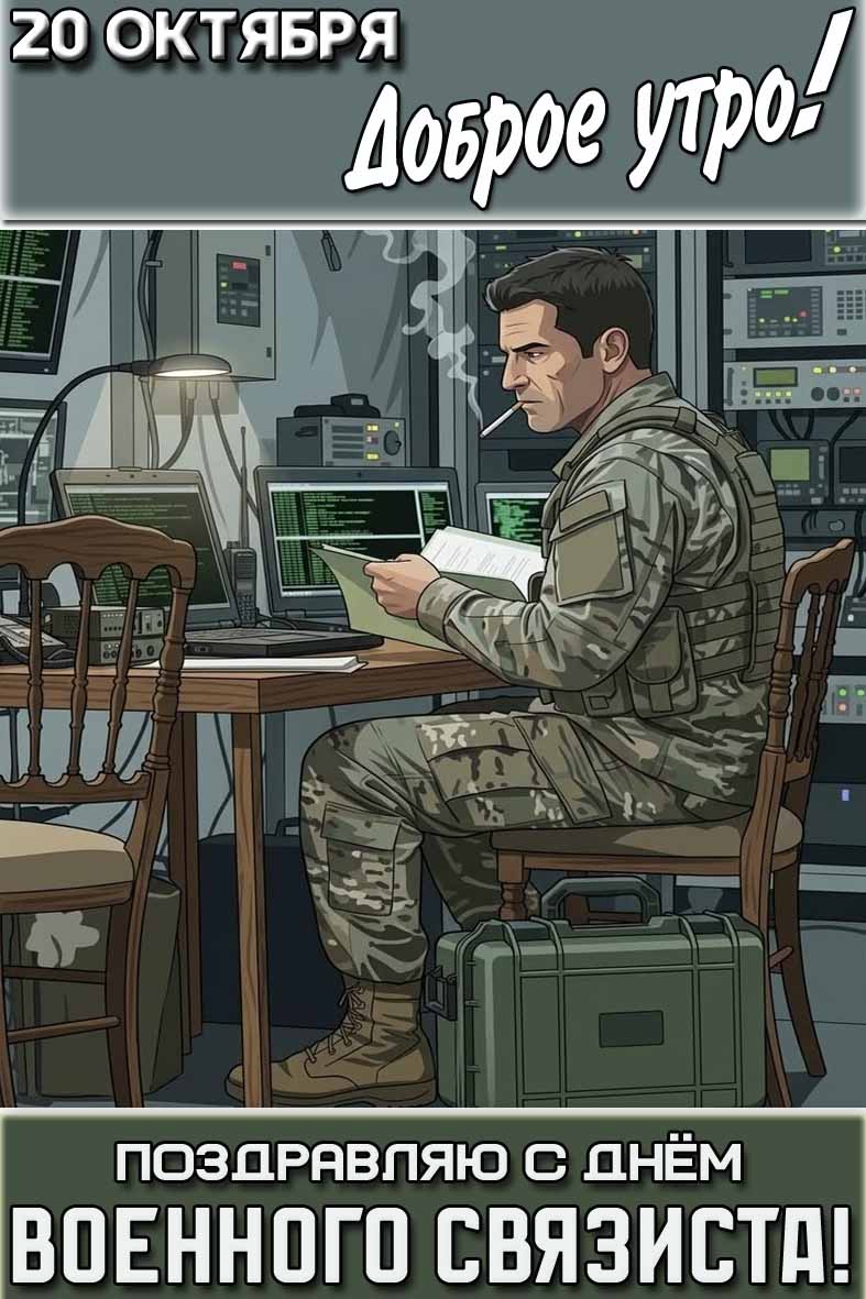 Стильная вертикальная картинка с солдатом с сигаретой за ноутбуками и надписью : "20 октября доброе утро! Поздравляю с днём военного связиста!". Картинка "20 октября доброе утро! Поздравляю с днём военного связиста!"