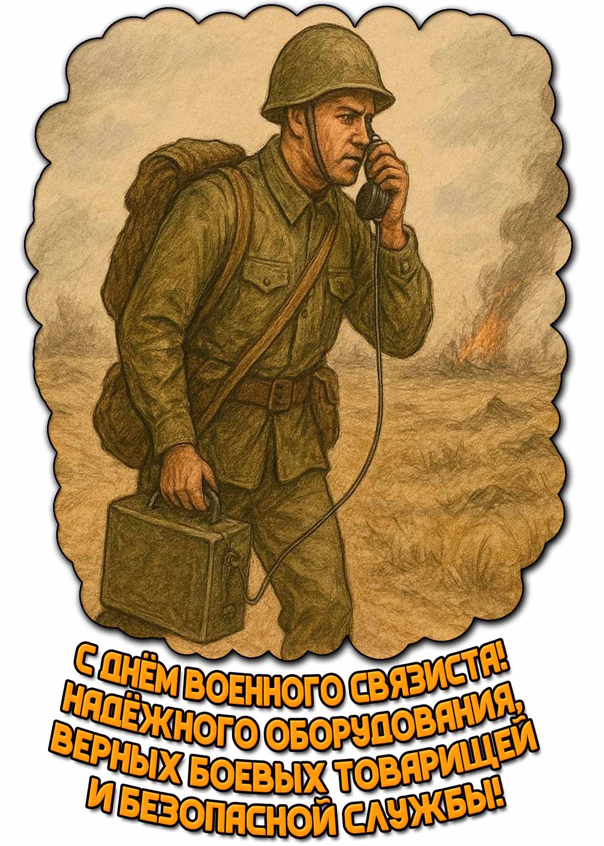 Красивая открытка в стиле рисунка в времён ВОВ с солдатом с чемоданчиком со спецсвязью и надписью, чтобы поздравить : С днём военного связиста! Надёжного оборудования, верных боевых товарищей и безопасной службы! Открытка "С днём военного связиста! Надёжного оборудования, верных боевых товарищей и безопасной службы!"