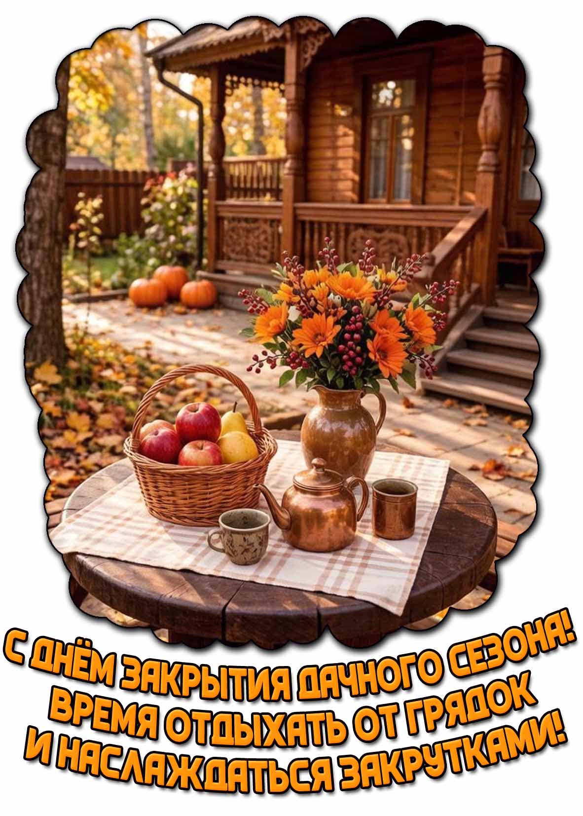 Открытка "С днём закрытия дачного сезона! Время отдыхать от грядок и наслаждаться закрутками!"