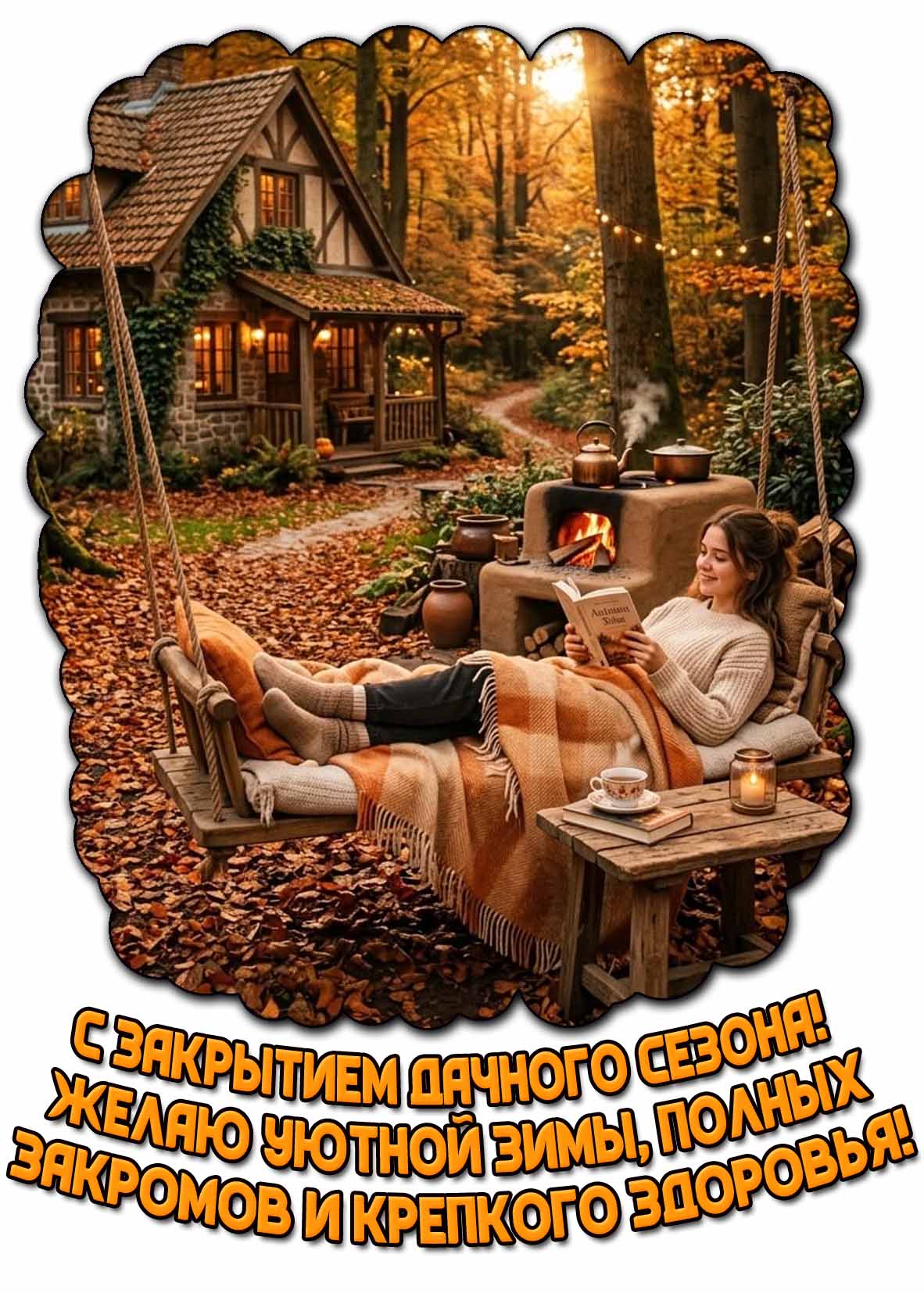 Открытка "С закрытием дачного сезона! Желаю уютной зимы, полных закромов и крепкого здоровья!"