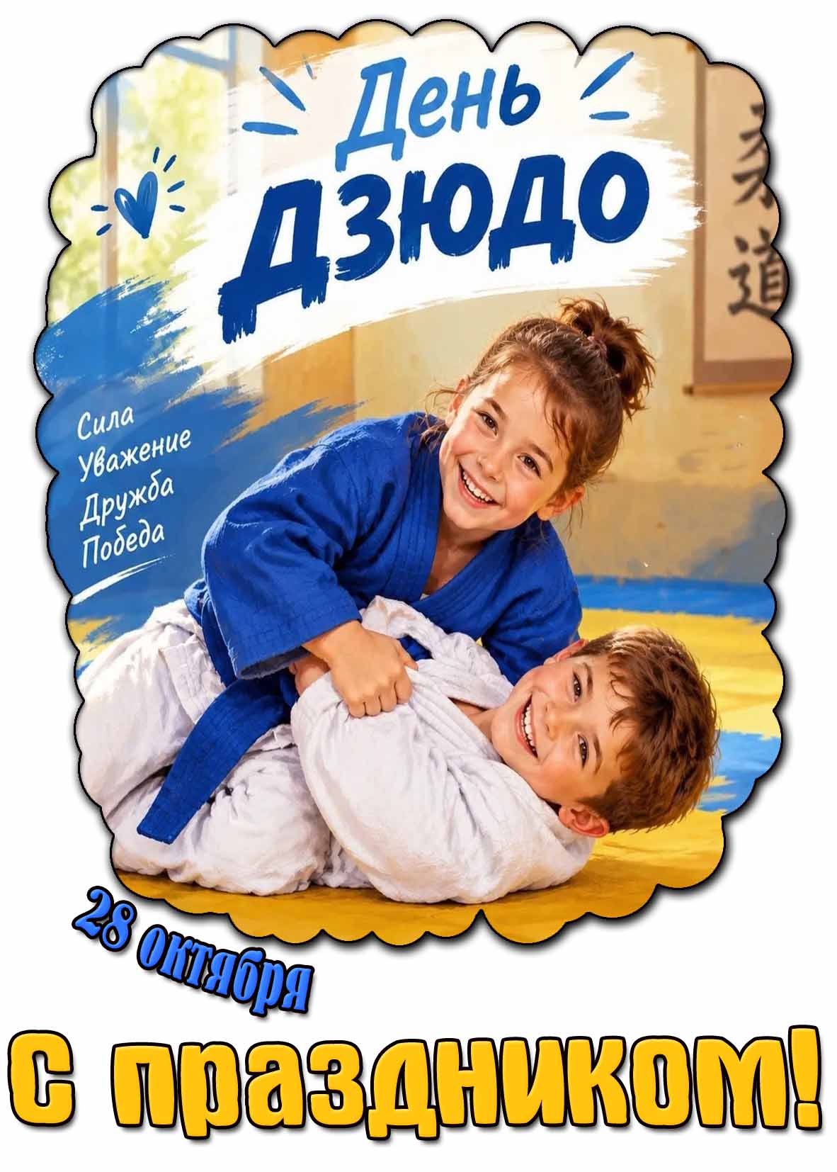 Красивая и позитивная картинка с детишками (девочка и мальчик) на татами к 28 октября - день дзюдо! Сила! Уважение! Дружба! Победа! С праздником! Детская картинка 28 октября - день дзюдо! Сила! Уважение! Дружба! Победа! С праздником!