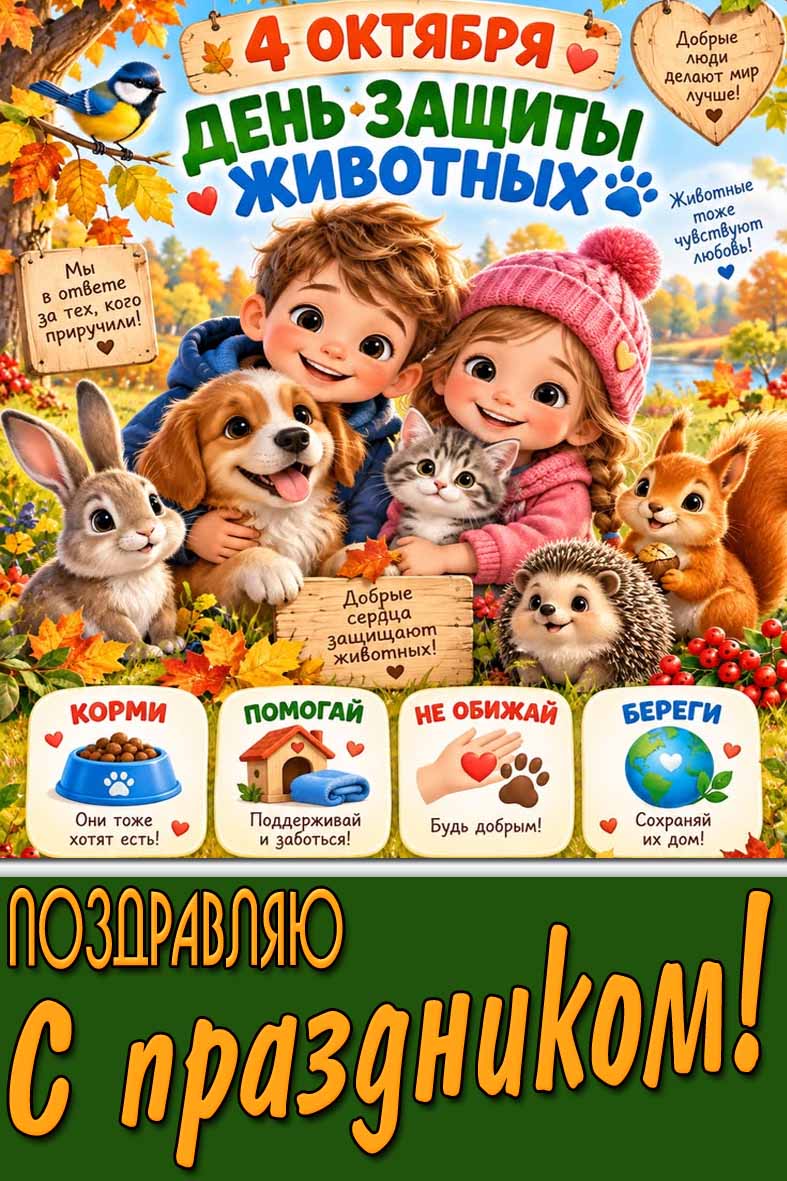 Детская картинка 4 октября - день защиты животных! Поздравляю с праздником!