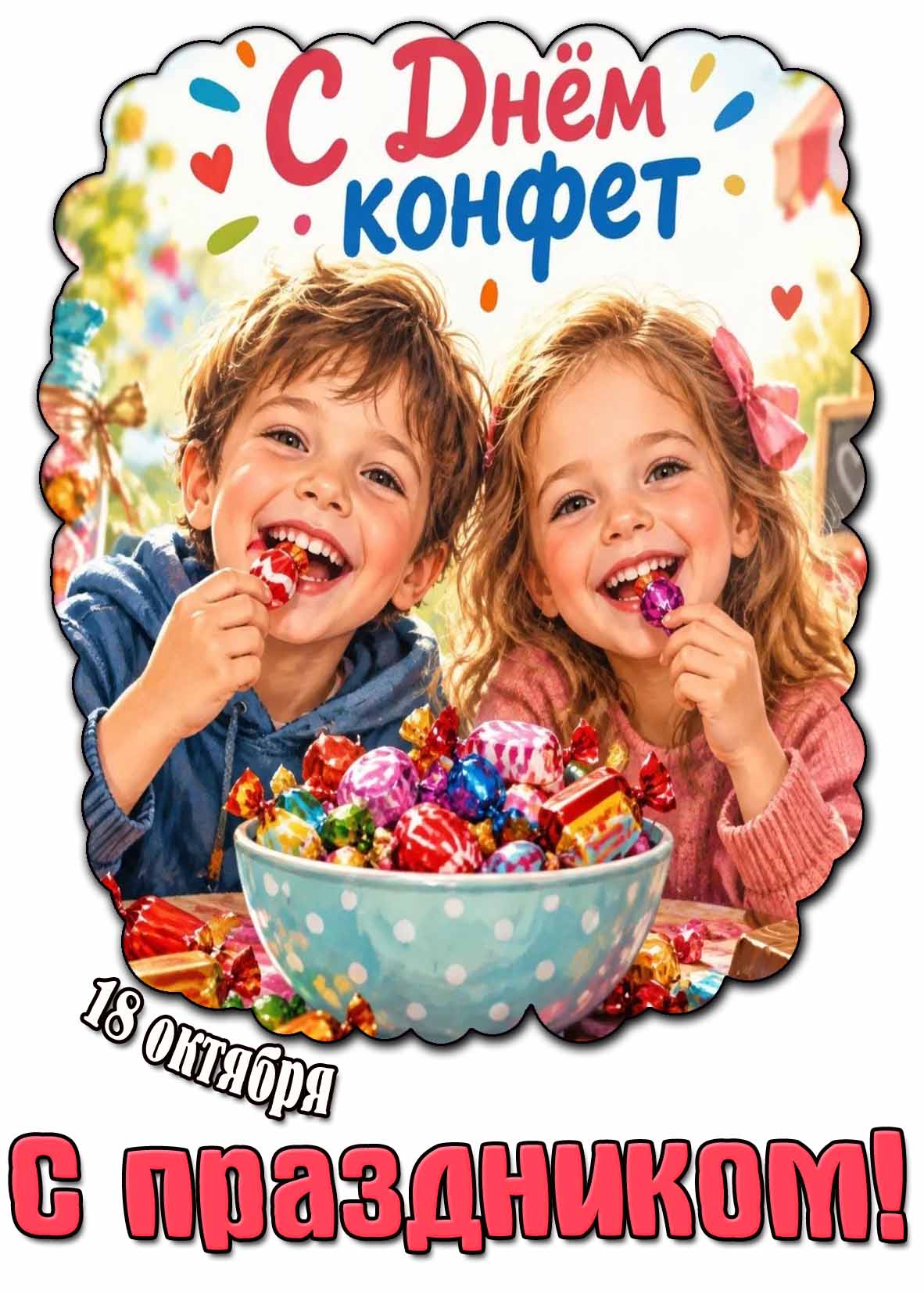 Детская открытка 18 октября - с днём конфет! С праздником!