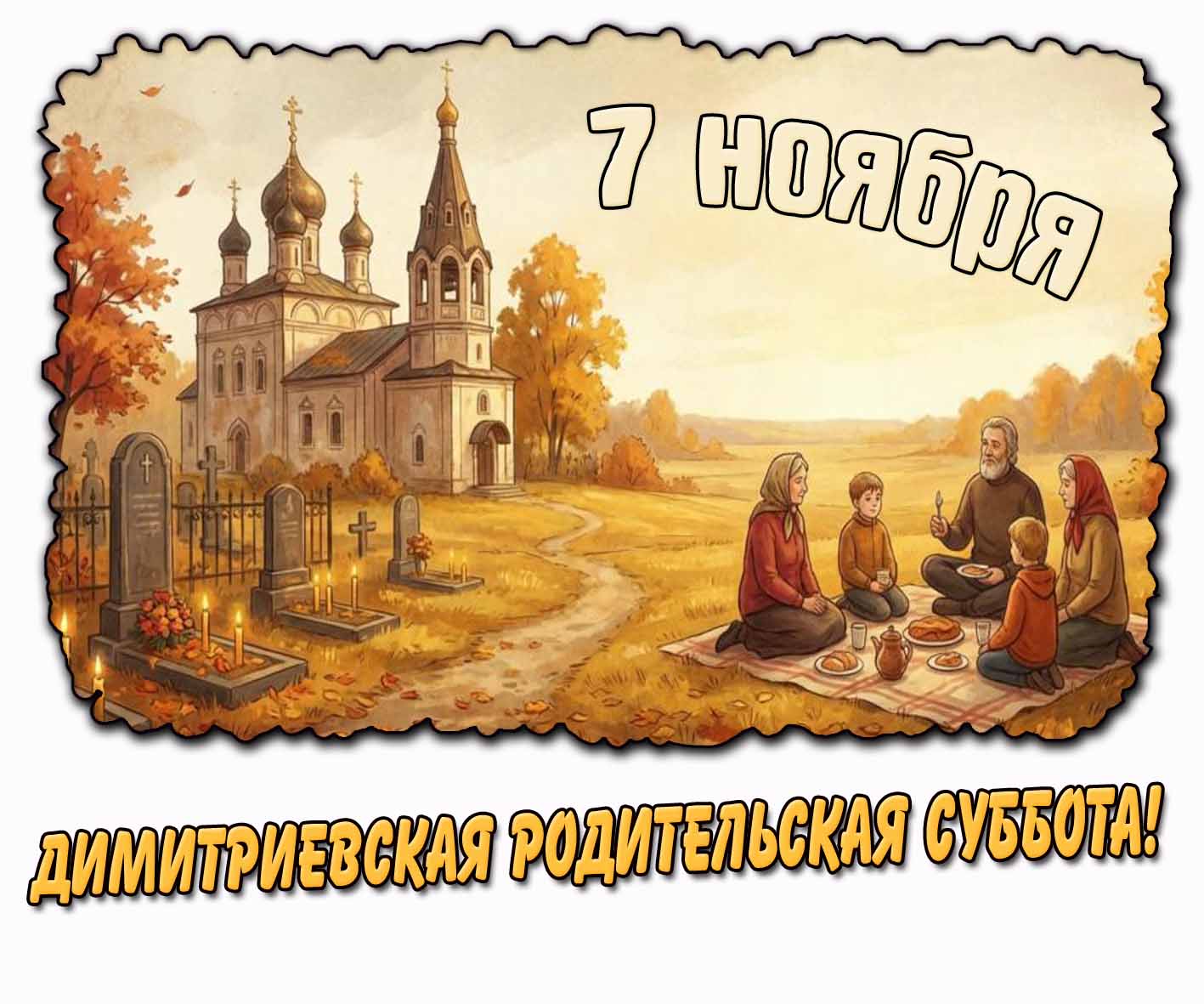 Красивая осенняя картинка с семьёй за поминальной трапезой на фоне церкви у могил со свечами к дню памяти усопших 7 ноября - Дмитриевская родительская суббота! Картинка 7 ноября - Дмитриевская родительская суббота!