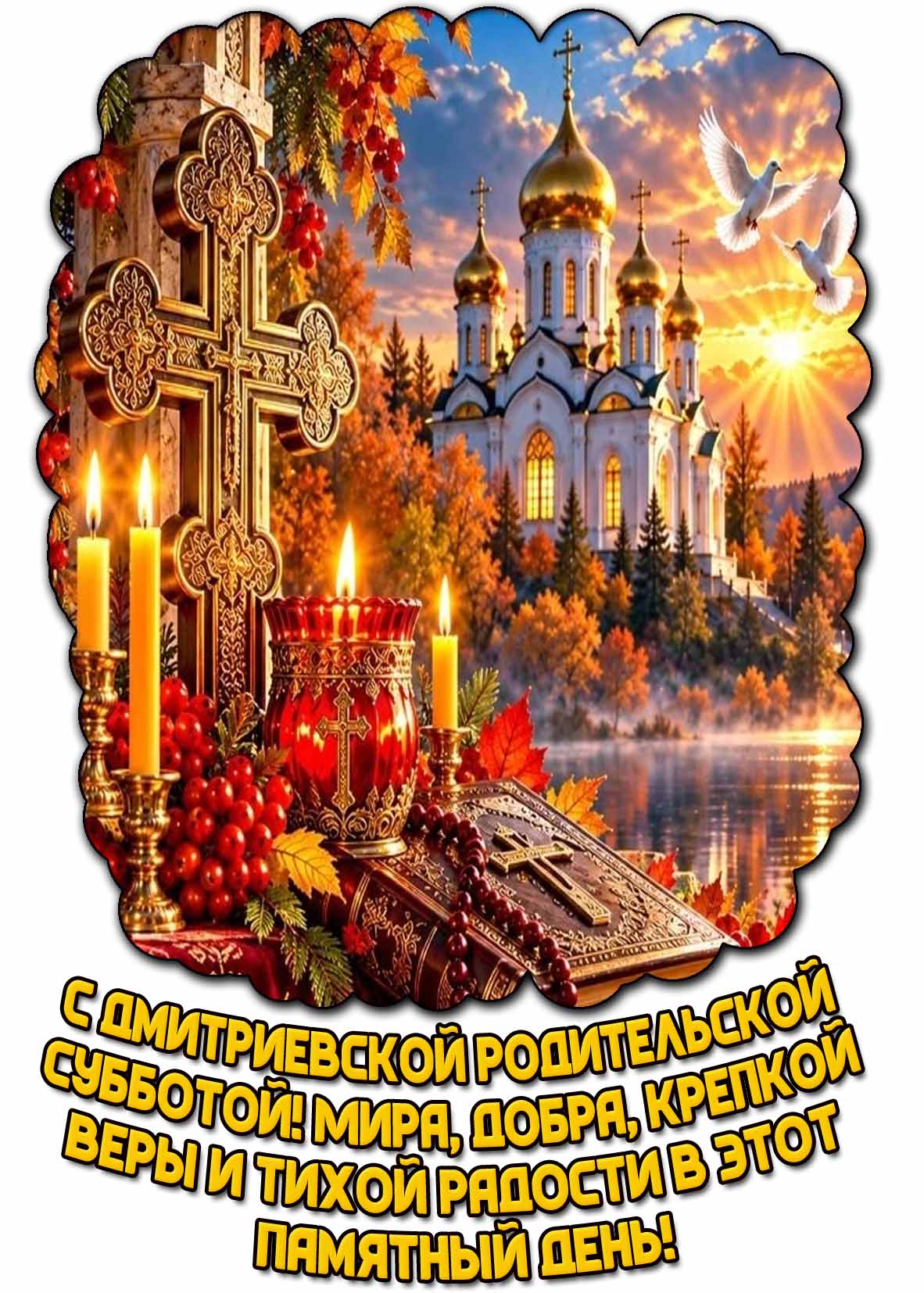 Красивая осенняя открытка со свечами, Библией, православным крестом, голубями мира на фоне храма в солнечных лучах и надписью : С Дмитриевской родительской субботой! Мира, добра, крепкой веры и тихой радости в этот памятный день! Красивая открытка "С Дмитриевской родительской субботой! Мира, добра, крепкой веры и тихой радости в этот памятный день!"