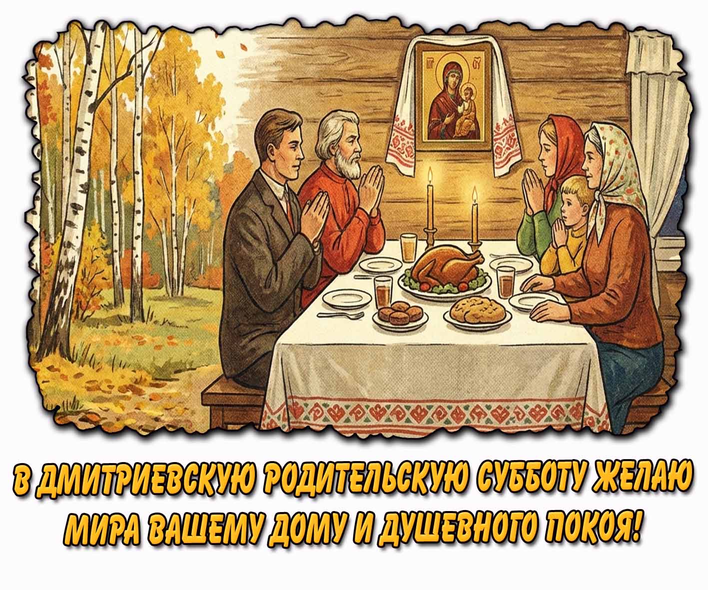 Красивая горизонтальная открытка с берёзами в осеннем лесу, православной семьей за поминальной трапезой при свечах на фоне иконы Богородицы и надписью : В Дмитриевскую родительскую субботу желаю мира вашему дому и душевного покоя! Православная открытка "В Дмитриевскую родительскую субботу желаю мира вашему дому и душевного покоя!"