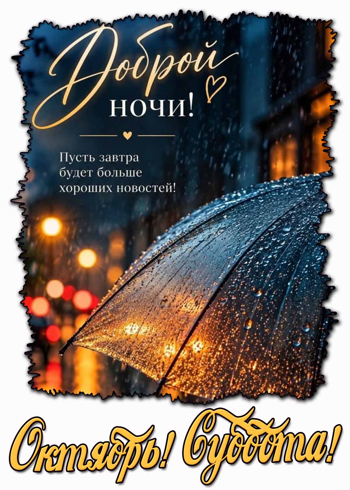 Картинка с зонтом под дождём на фоне ночного города и с надписью : Октябрь! Суббота! Доброй ночи! Пусть завтра будет больше хороших новостей! Картинка с зонтом под дождём на фоне ночного города и с надписью : Октябрь! Суббота! Доброй ночи! Пусть завтра будет больше хороших новостей!