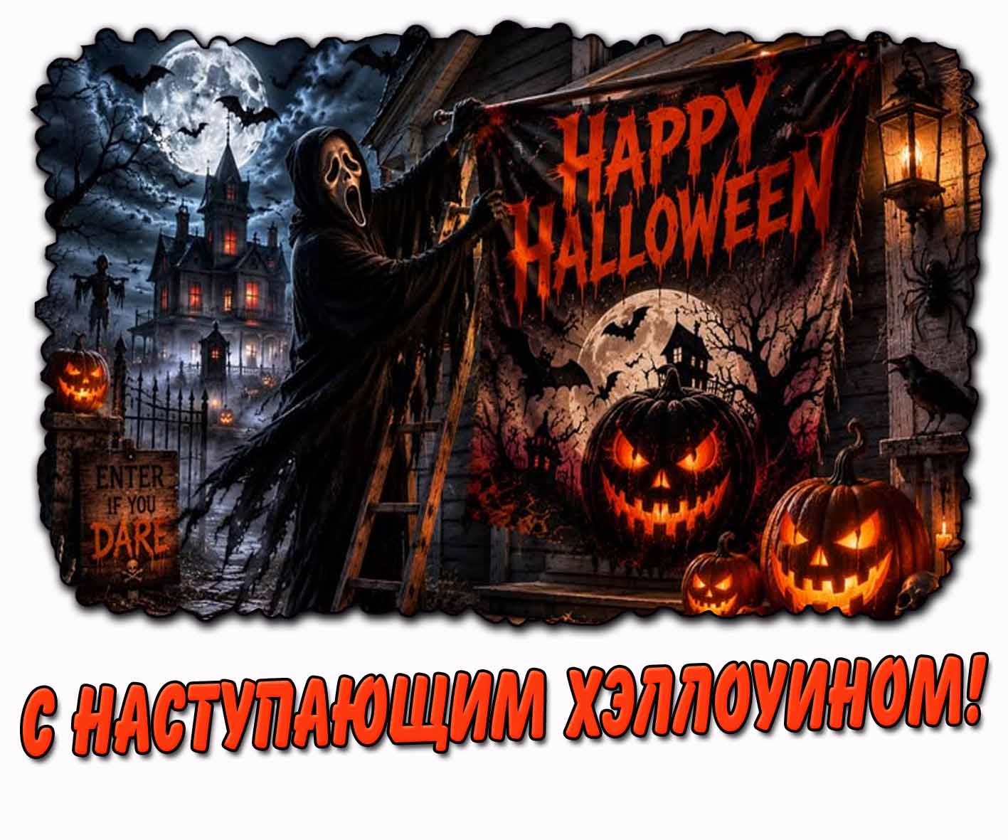 Зловещая горизонтальная картинка с тыквами, замком, летучими мышами, призраком, вешающим плакат и надписью : С наступающим Хэллоуином! Happy Halloween! Зловещая горизонтальная картинка с тыквами, замком, летучими мышами, призраком, вешающим плакат и надписью : С наступающим Хэллоуином! Happy Halloween!
