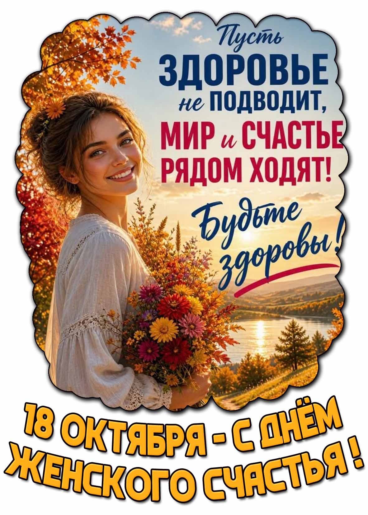 Картинка 18 октября - С днём женского счастья! Пусть здоровье не подводит, мир и счастье радом ходят! Будьте здоровы!
