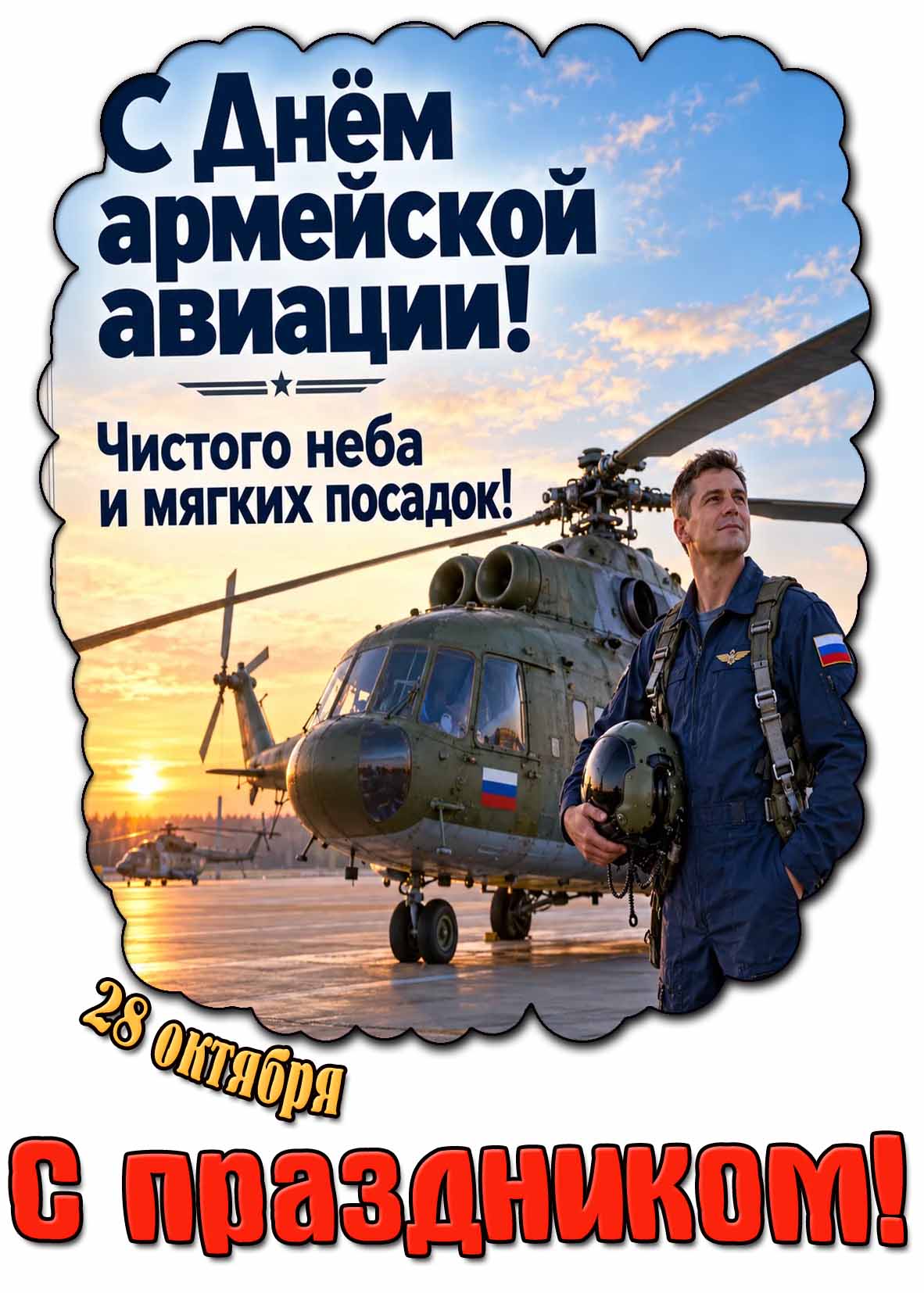 Красивая картинка с лётчиком армии России на фоне вертолёта к 28 октября - с днём армейской авиации! Чистого неба и мягких посадок! С праздником! Картинка 28 октября - с днём армейской авиации! Чистого неба и мягких посадок! С праздником!