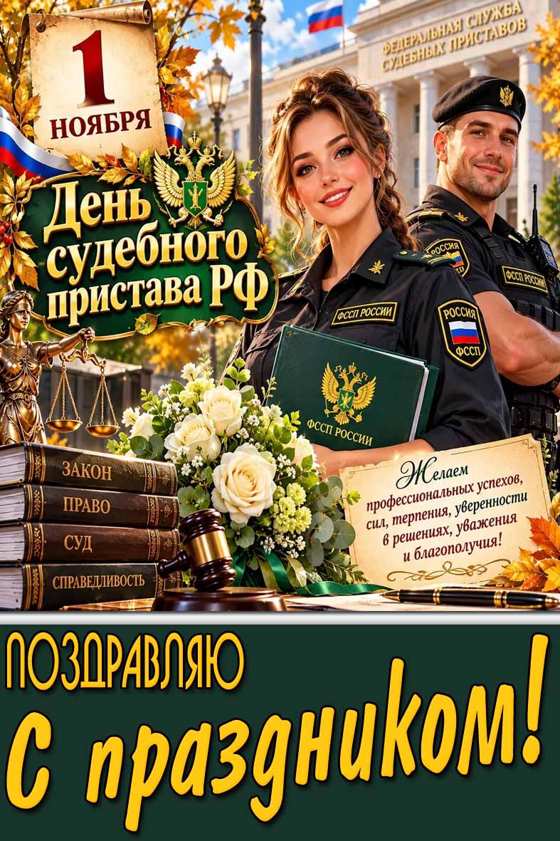 Красивая осенняя картинка с цветами, статуэткой Фемиды, книгами (закон, право, суд, справедливость), работниками ФССП к 1 ноября - день судебного пристава РФ! Поздравляю с праздником! Желаем профессиональных успехов, сил, терпения, уверенности в решениях, уважения и благополучия! Картинка 1 ноября - день судебного пристава РФ! Поздравляю с праздником!
