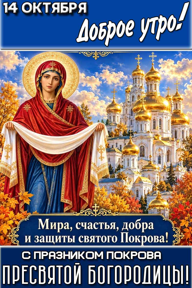 Картинка 14 октября доброе утро! С праздником Покрова Пресвятой Богородицы! Мира, счастья, добра и защиты святого Покрова!