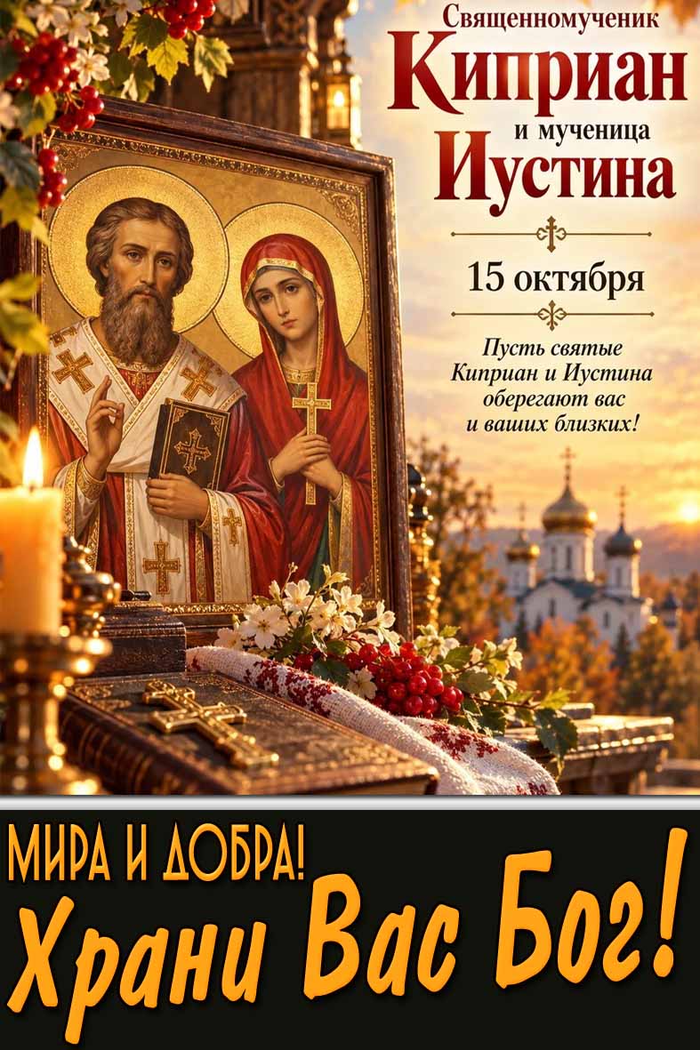 Картинка 15 октября - священномученик Киприан и мученица Иустина! Мира и добра! Храни Вас Бог!