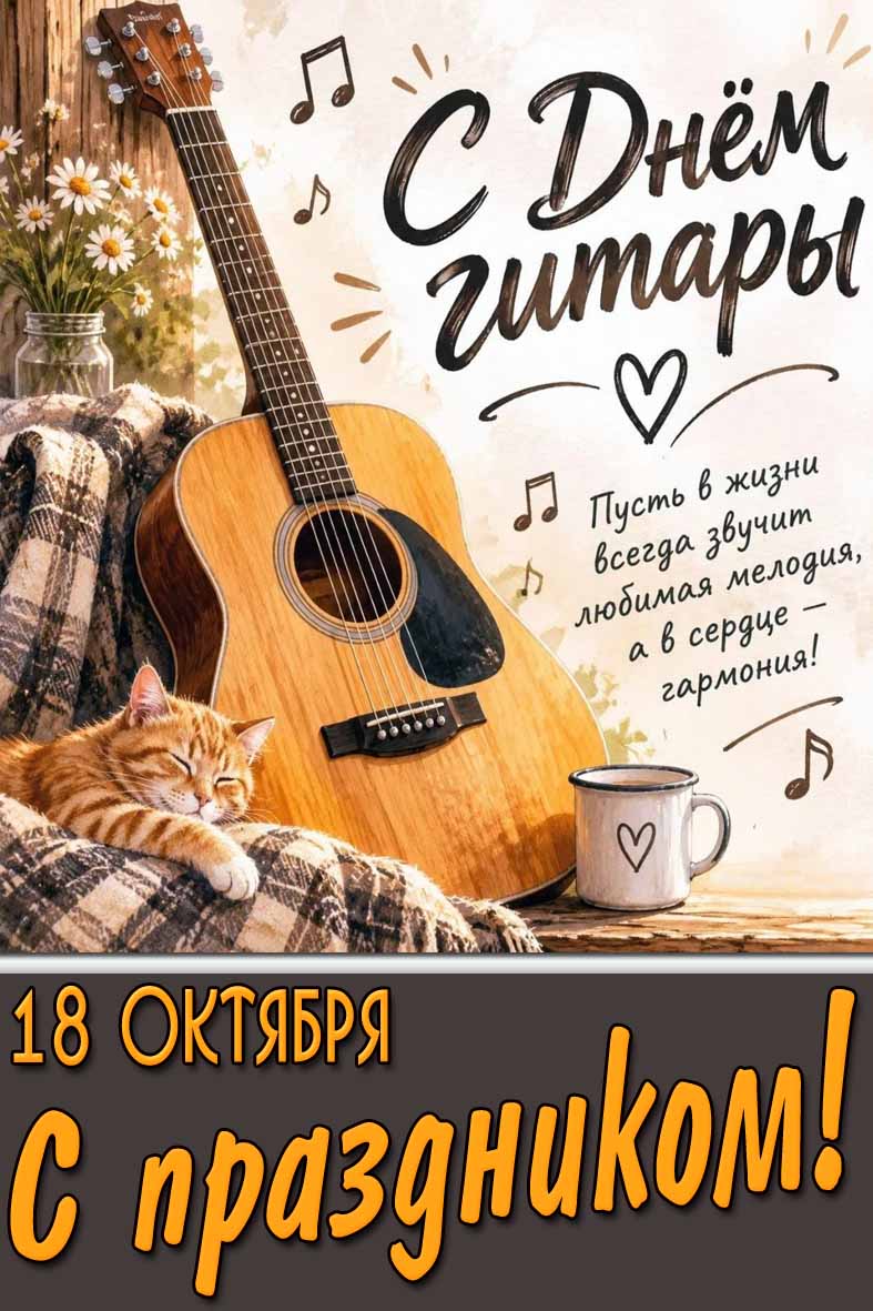 Картинка 18 октября - с днём гитары! Пусть в жизни всегда звучит любимая мелодия, а в сердце - гармония! С праздником!