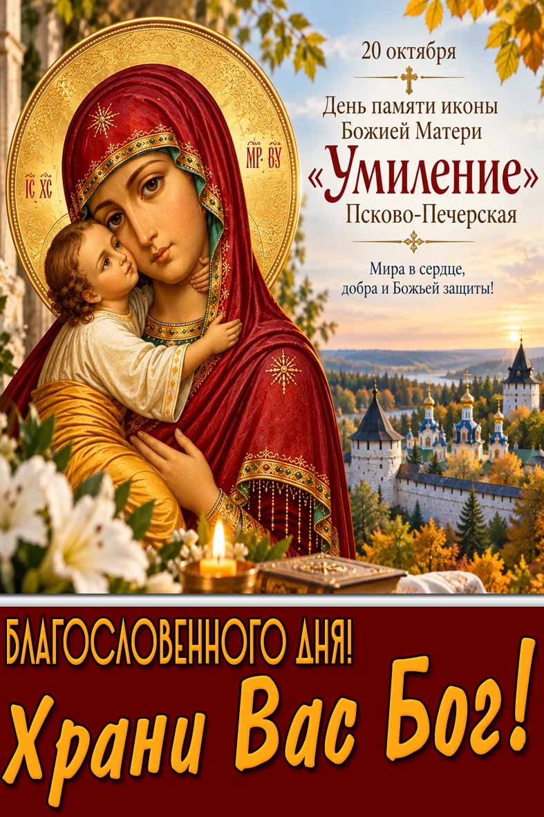 Красивая осенняя картинка с цветами, свечой, чудотворным ликом на фоне православного храма к церковному празднику 20 октября - день памяти иконы Божией Матери Умиление! (Псково-Печерская) Благословенного дня! Храни Вас Бог! Мира в сердце, добра и Божьей защиты! Картинка 20 октября - день памяти иконы Божией Матери Умиление! (Псково-Печерская) Благословенного дня! Храни Вас Бог!