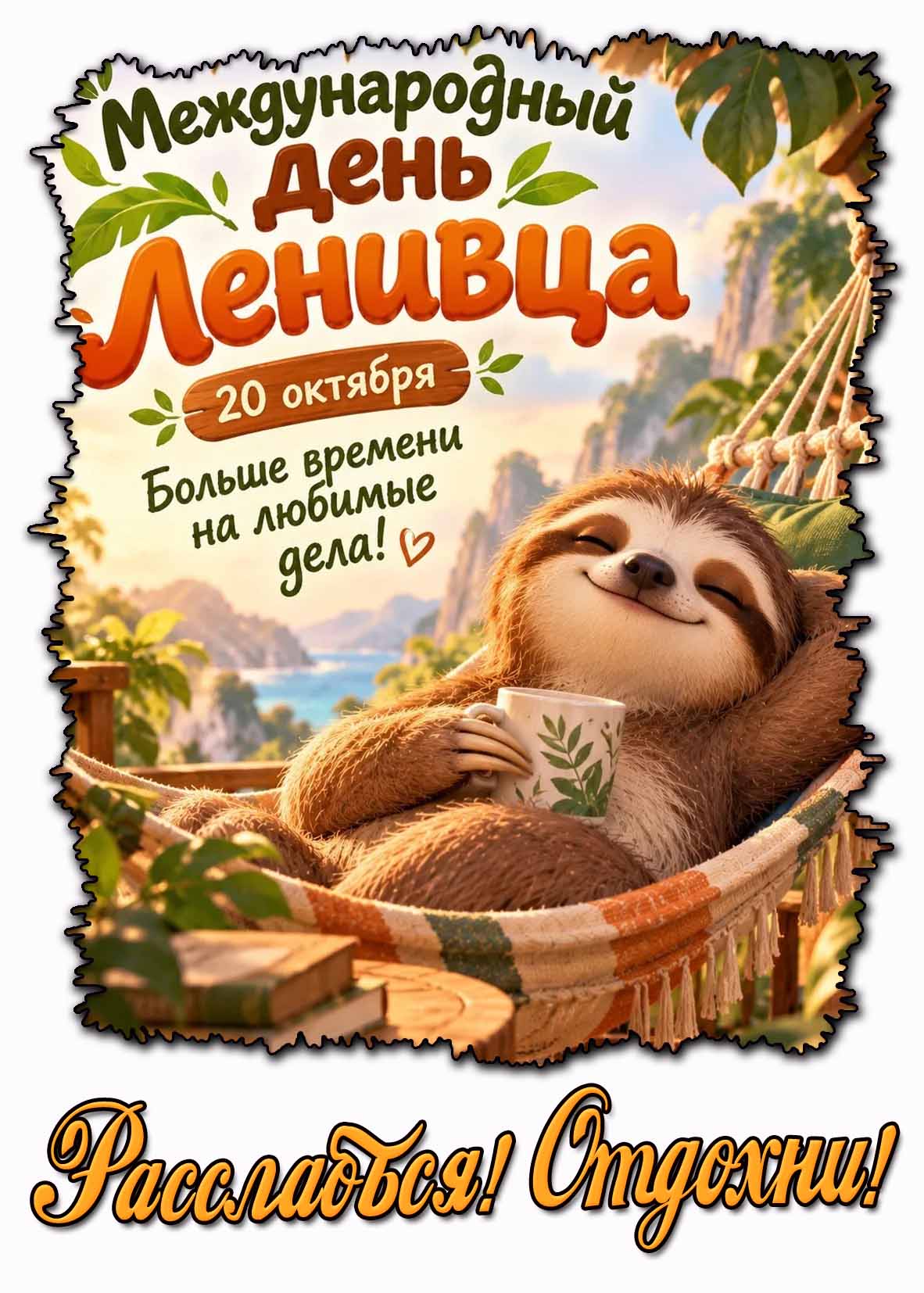 Красивая открытка с прикольным ленивцем в гамаке с чашкой кофе к празднику 20 октября - Международный день ленивца! Больше времени на любимые дела! Расслабься! Отдохни! Картинка 20 октября - Международный день ленивца! Больше времени на любимые дела! Расслабься! Отдохни!