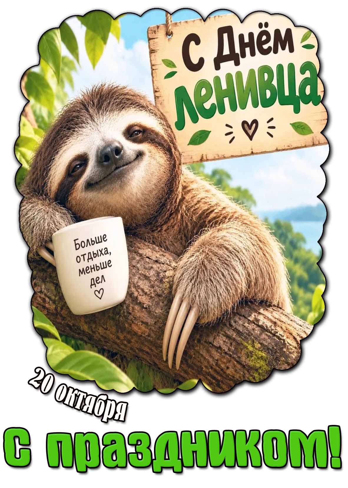 Картинка 20 октября - с днём ленивца! Больше отдыха, меньше дел! С праздником!