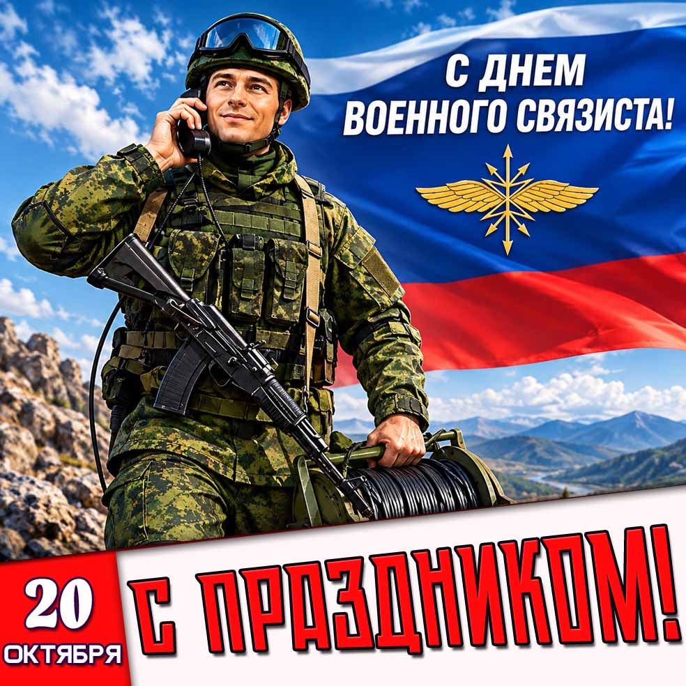 Красивая картинка с солдатом с катушкой, проводом, автоматом, телефонной трубкой на фоне герба войск и триколора к 20 октября : С днём военного связиста! С праздником! Картинка "С днём военного связиста! С праздником!" - 20 октября