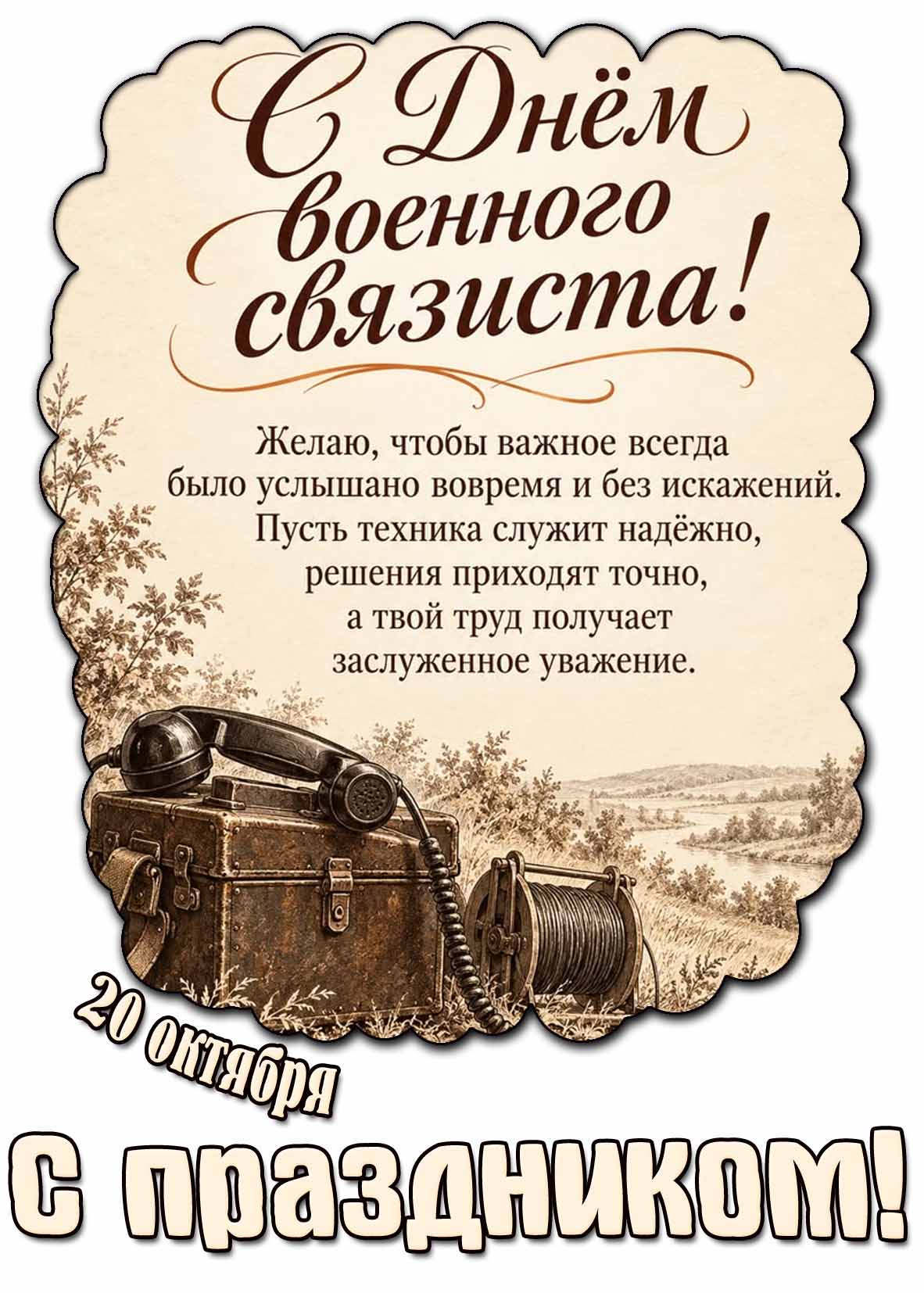 Стильная картинка со старинной связью к 20 октября - с днём военного связиста! С праздником! Желаю, чтобы важно всегда было услышано вовремя и без искажений. Пусть техника служит надёжно, решения приходят точно, а твой труд получает заслуженное уважение. Картинка 20 октября - с днём военного связиста! С праздником!